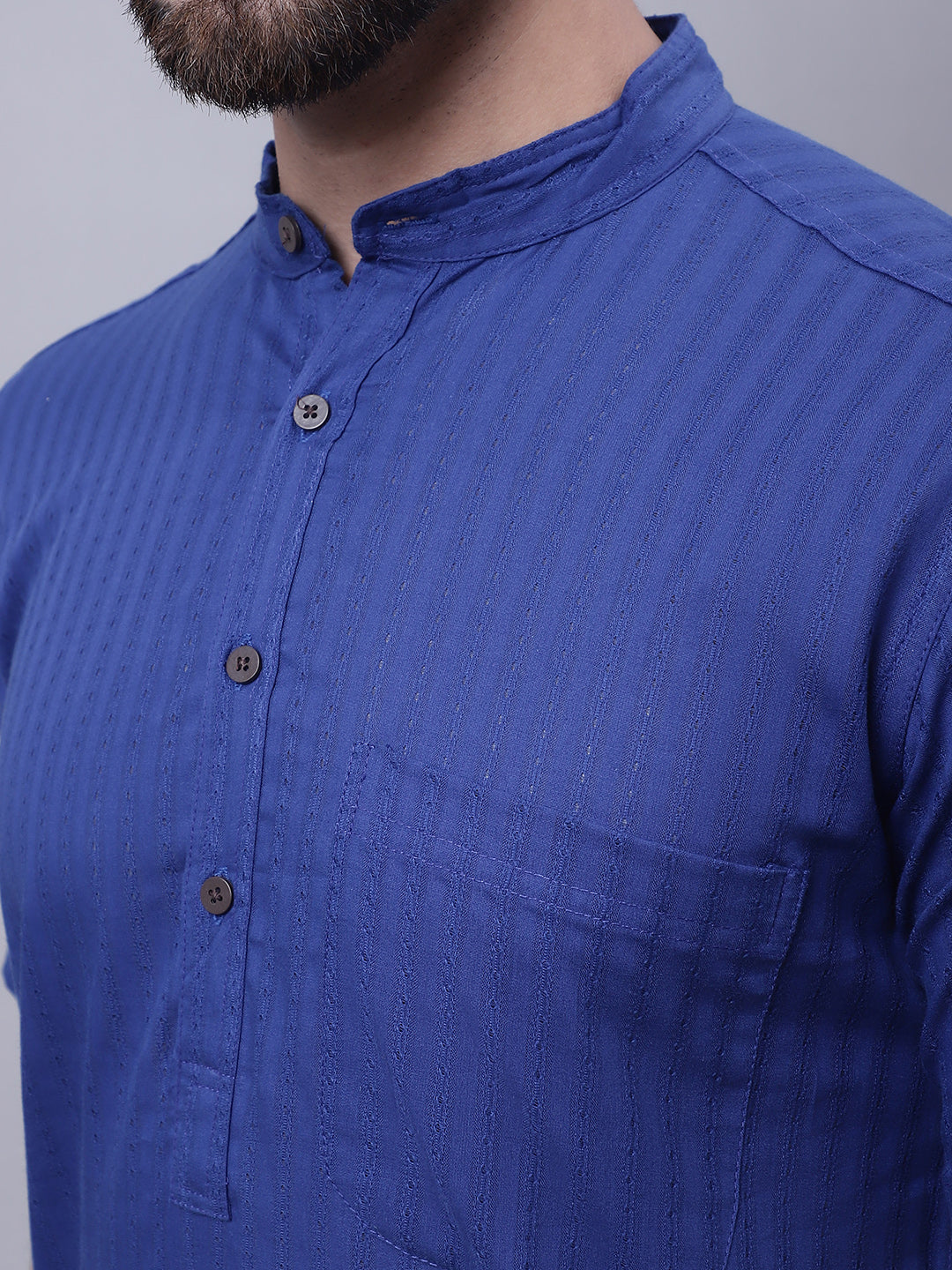 Even Apparels Blue Pure Cotton Short Sleeves Kurta With Band Collar 