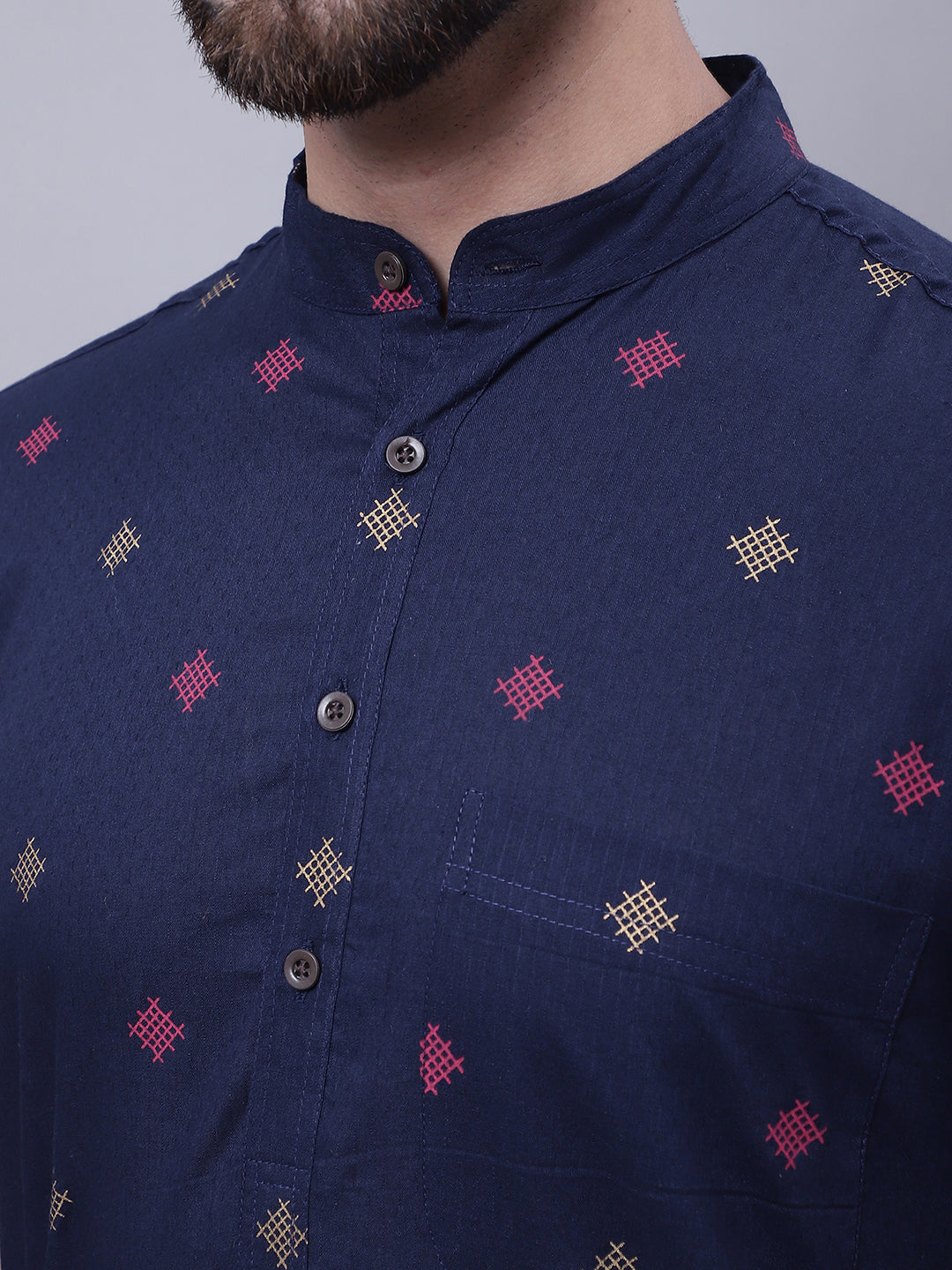 Even Apparels Blue Pure Cotton Short Sleeves Kurta With Band Collar 