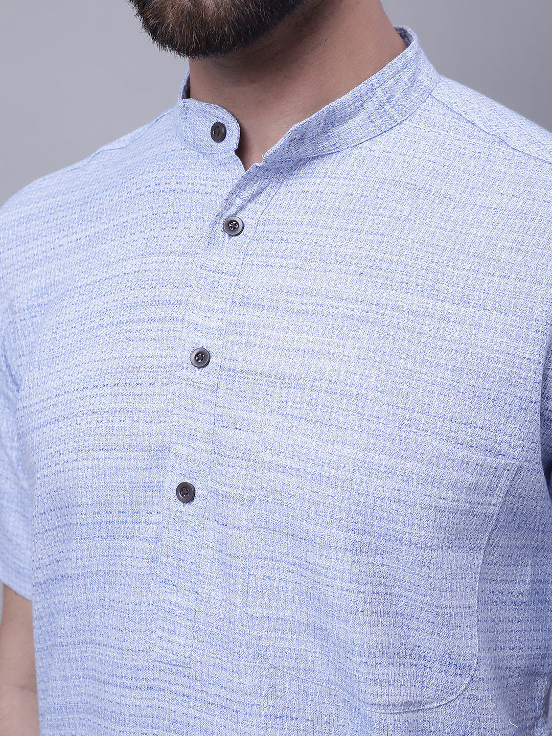 Even Apparels Blue Pure Cotton Short Sleeves Kurta With Band Collar 