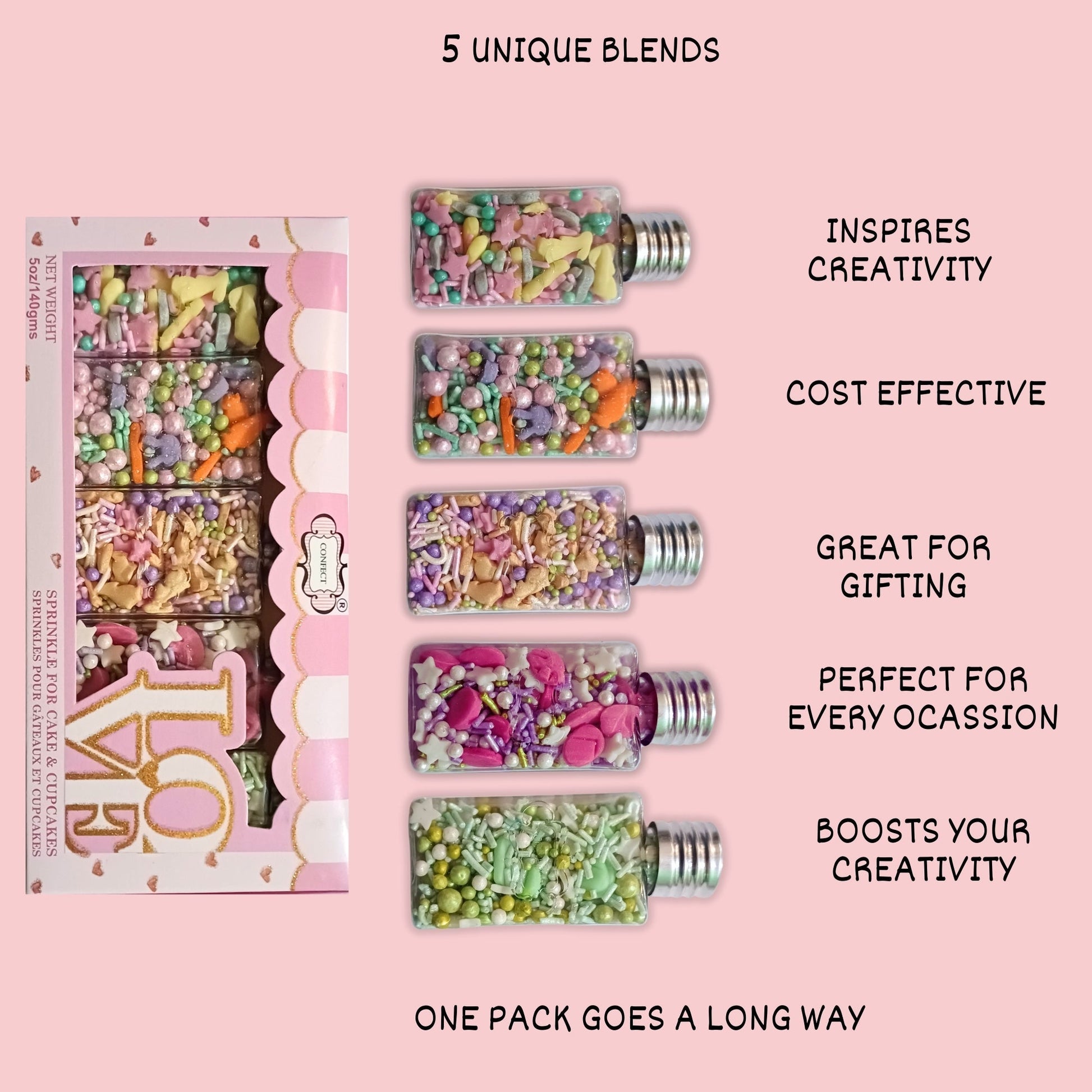 Confect Spring Sprinkles Edible |  Mix Green & Pink Eggs & Yellow & Gold Bunny pack of 5 (EAST 3) - 100Gms