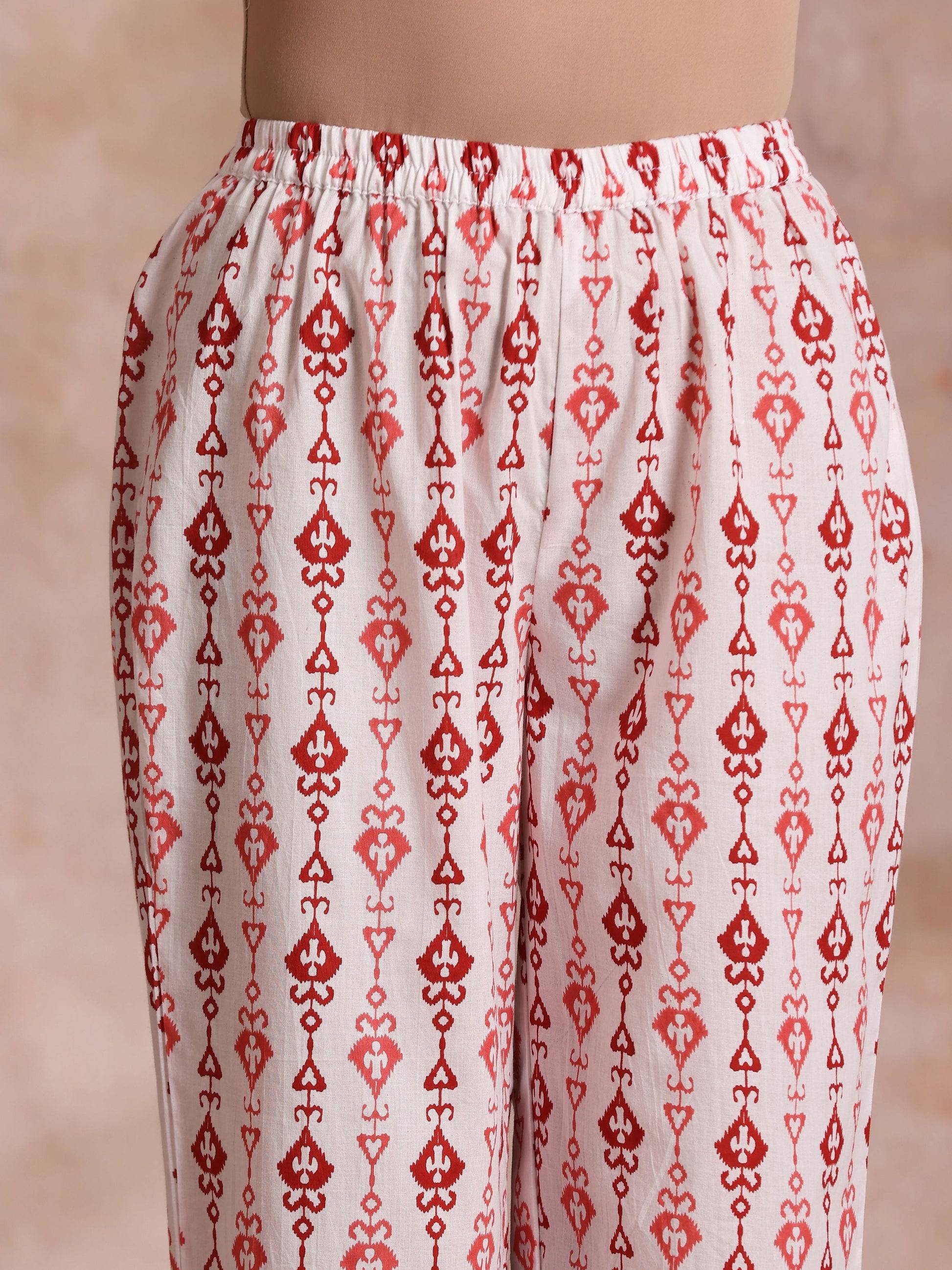trueBrowns Red On Red Ikat Print Cotton Kurta Pant Set 