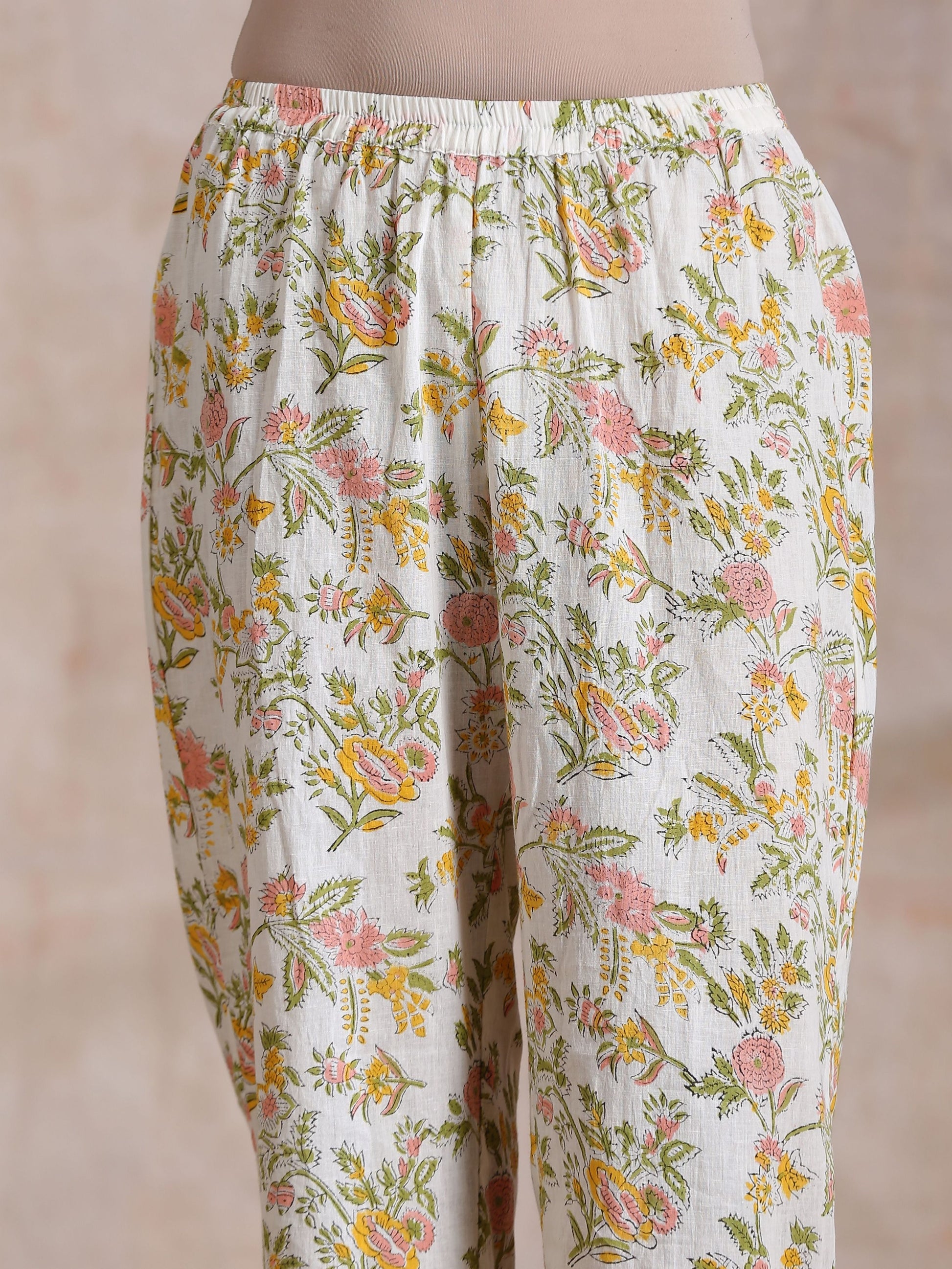 trueBrowns Pink Yellow Floral On White Block Print Cotton Panel Kaftan Kurta Pant Set 