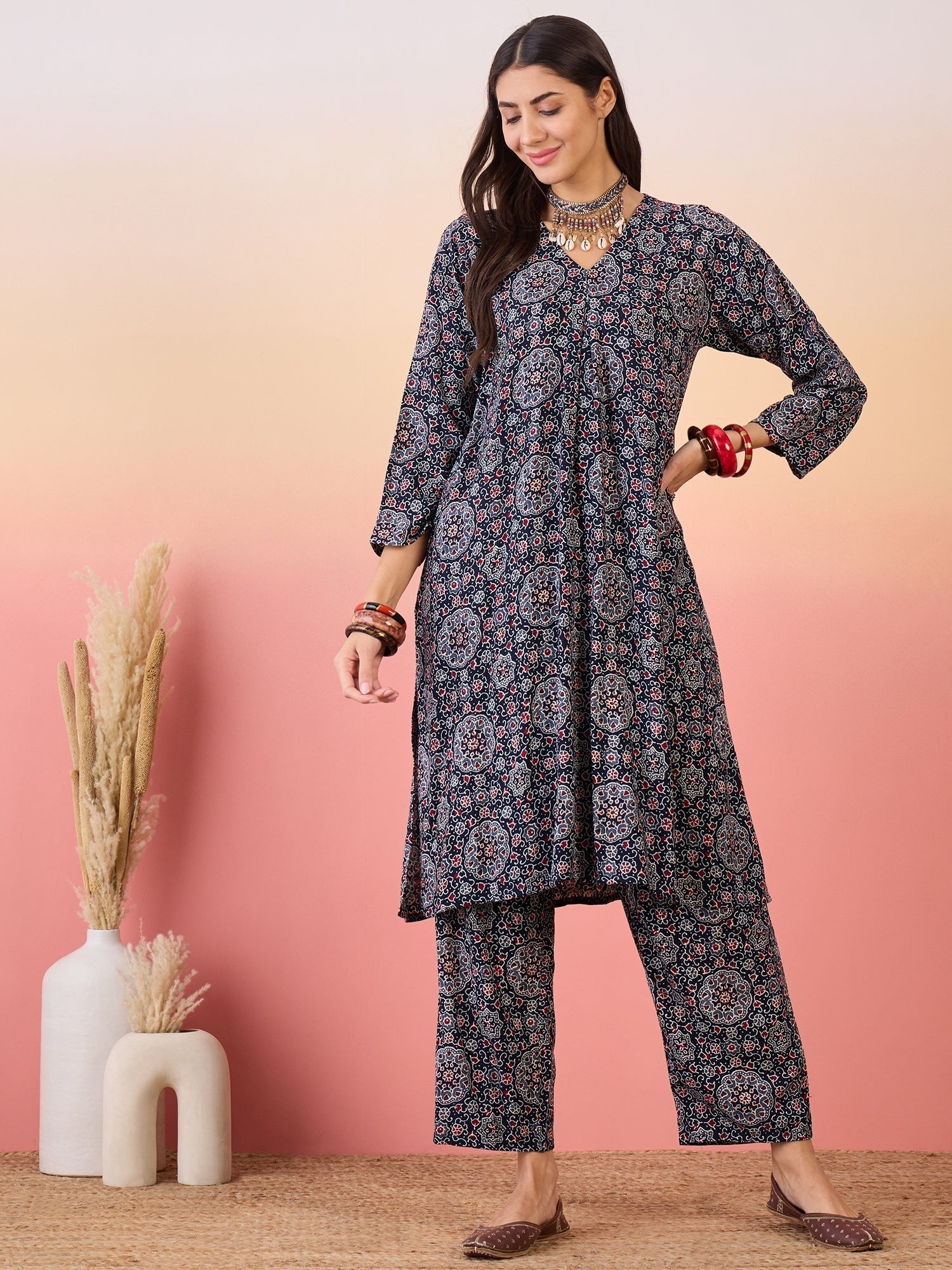 InWeave Navy Maroon Ajrakh Foil V Neck Kurta Pant Set 