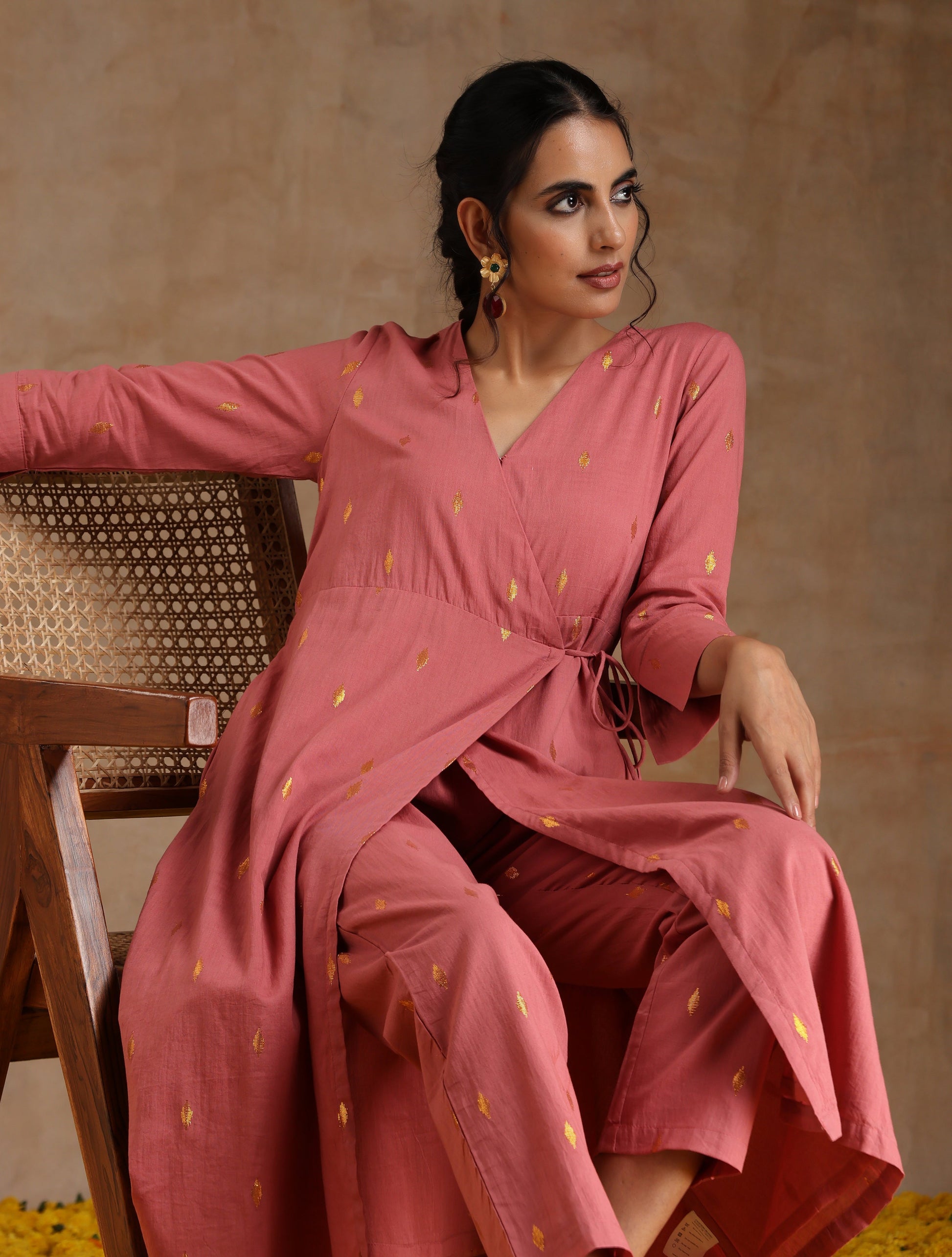 trueBrowns Blush Gold Cotton Angrakha Kurta Set 