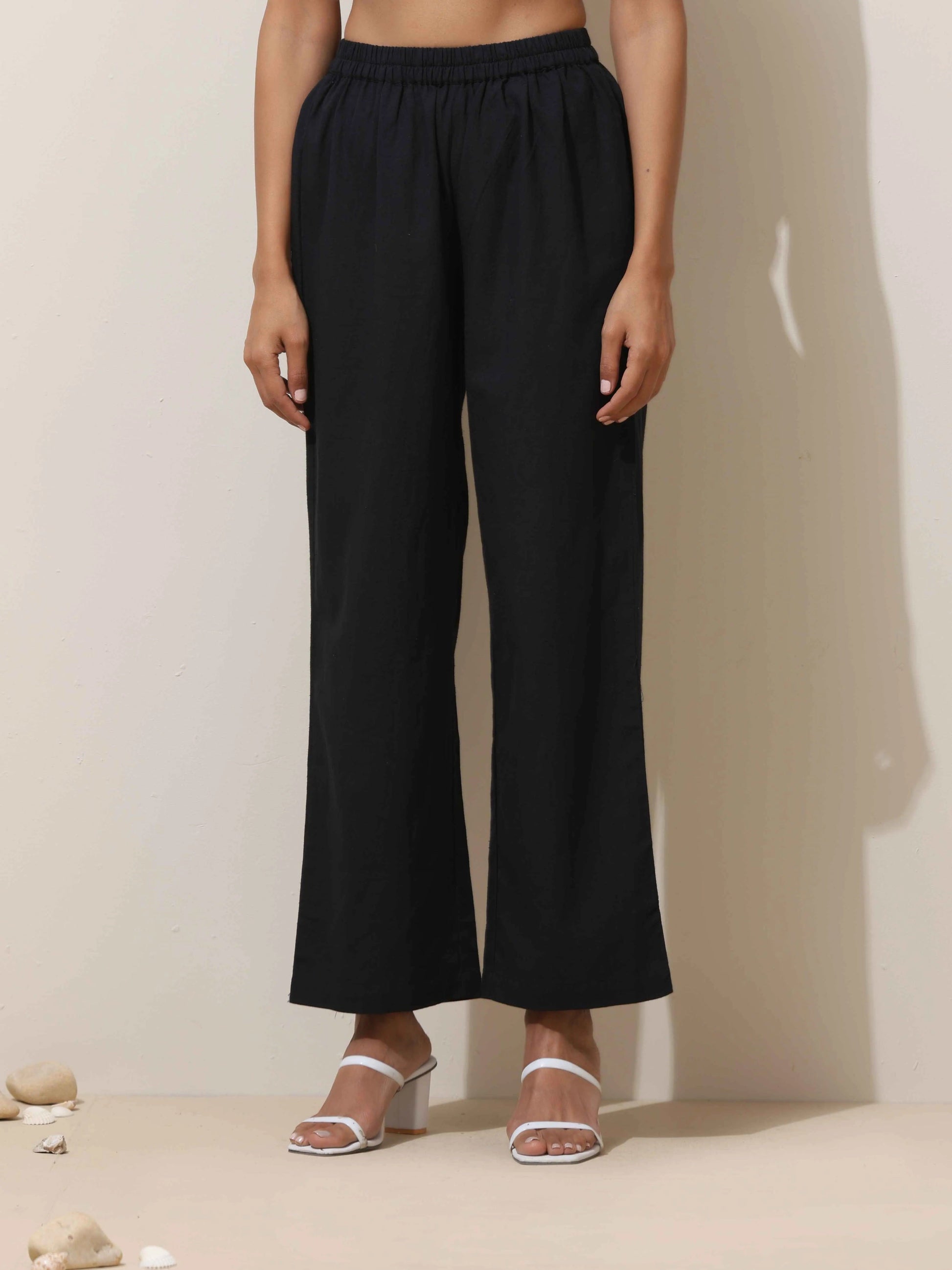 trueBrowns Black Cotton Linen Kurta Pant Set 