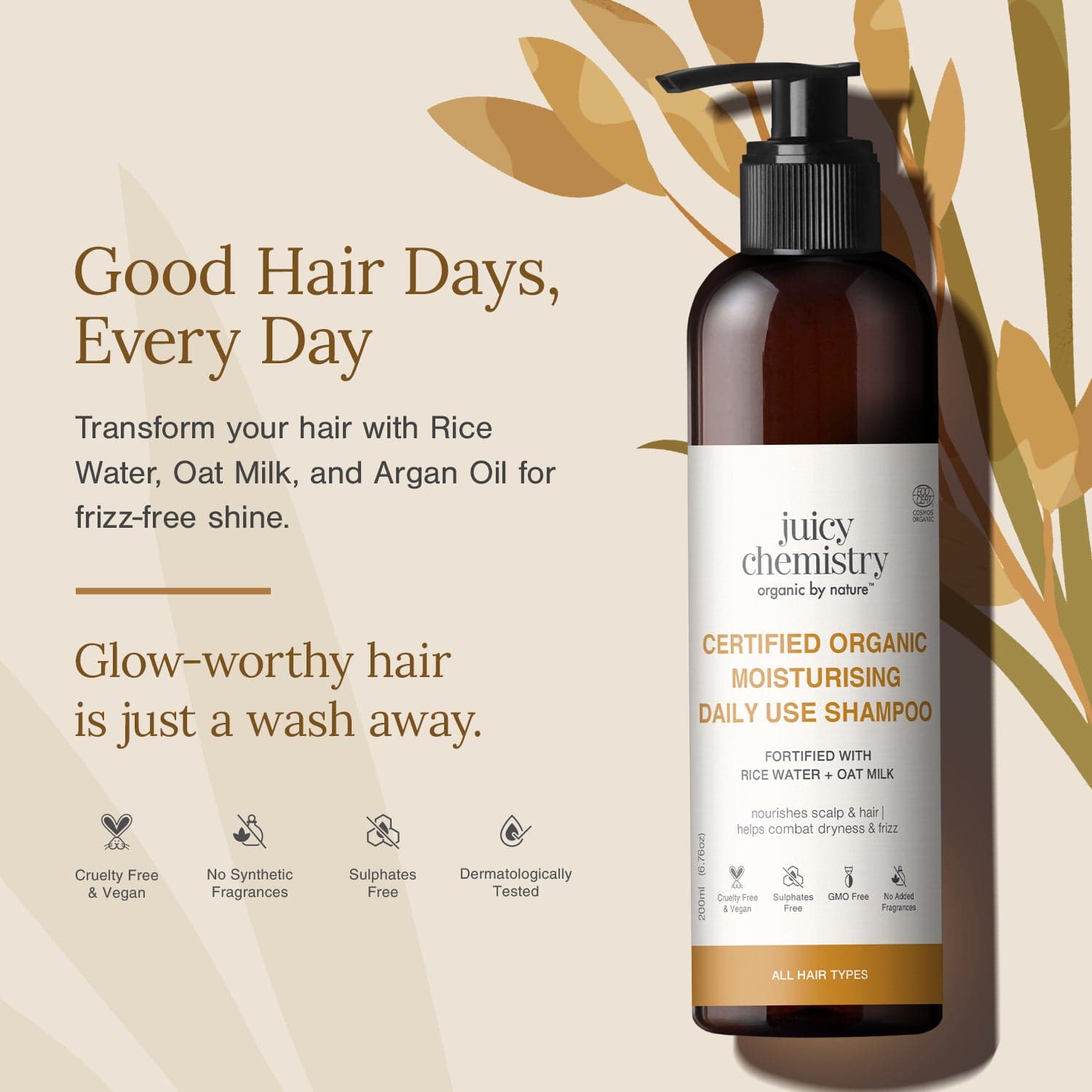 Certified Organic Moisturising Daily Use Shampoo Fortified with Rice Water + Oat Milk 