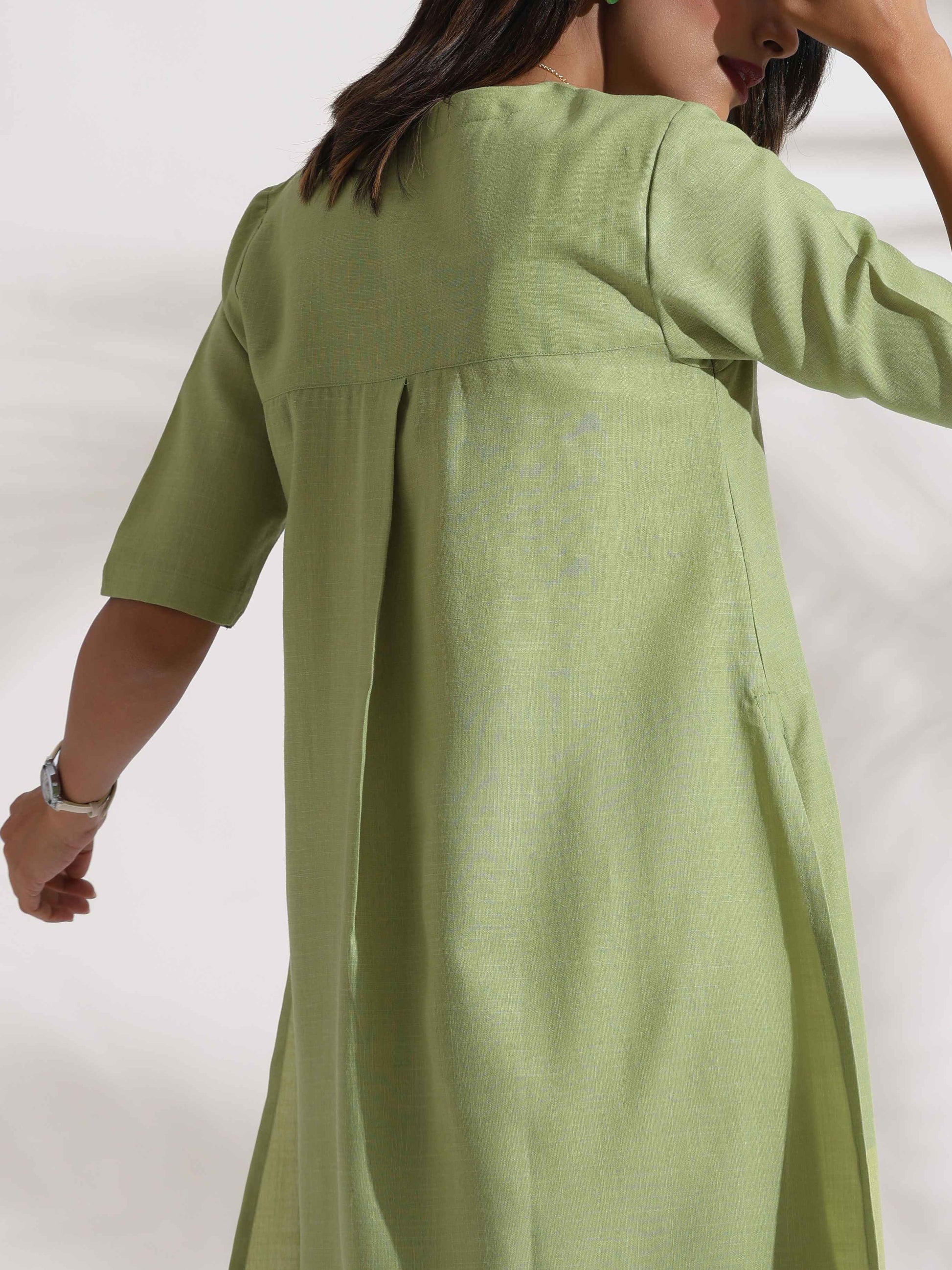 trueBrowns Green Slub Kurta Set 