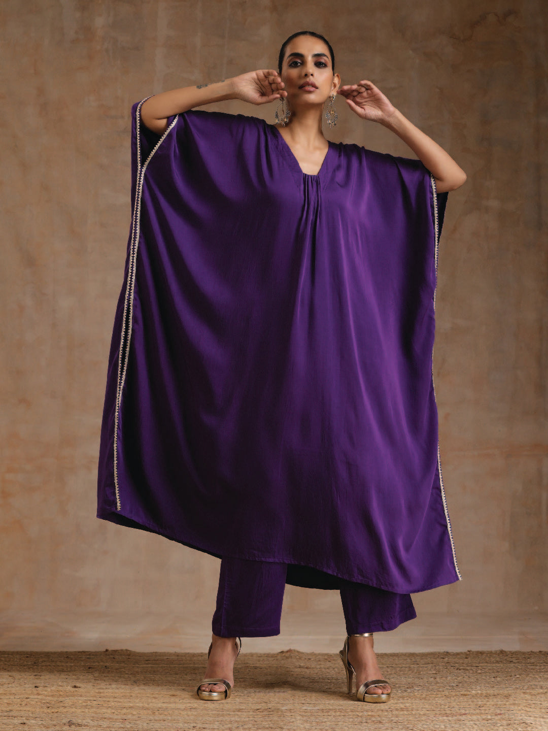 trueBrowns Violet Modal Satin Kaftan Kurta Set 