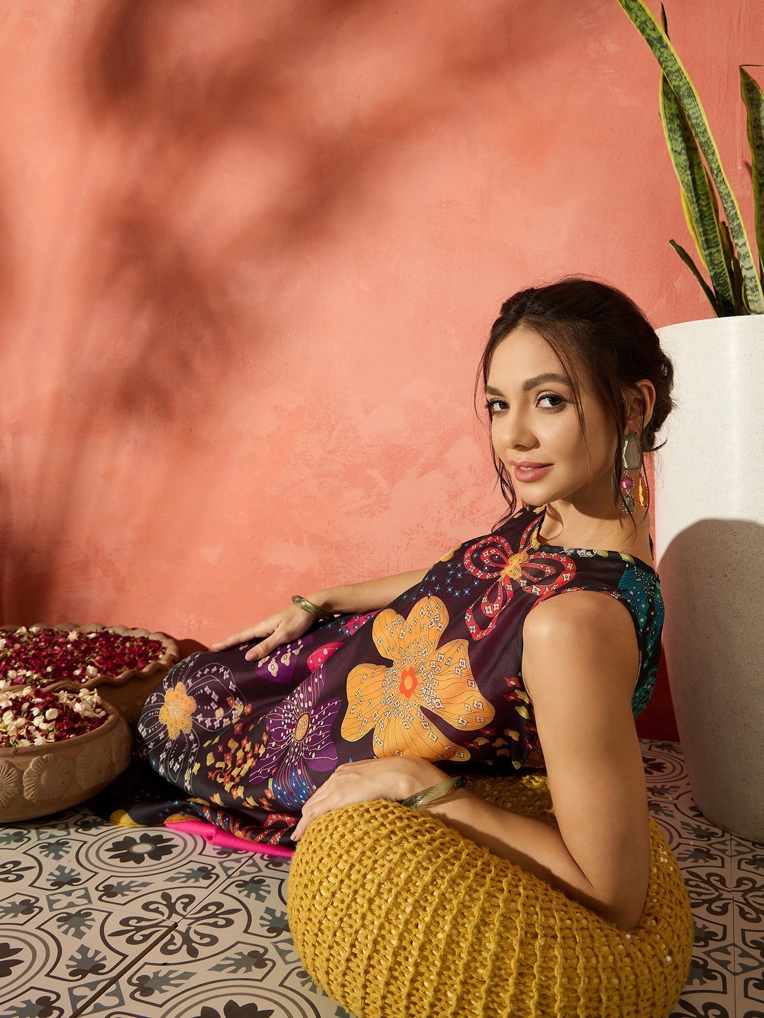 InWeave Black Floral Fuchsia Asymmetrical Dress 