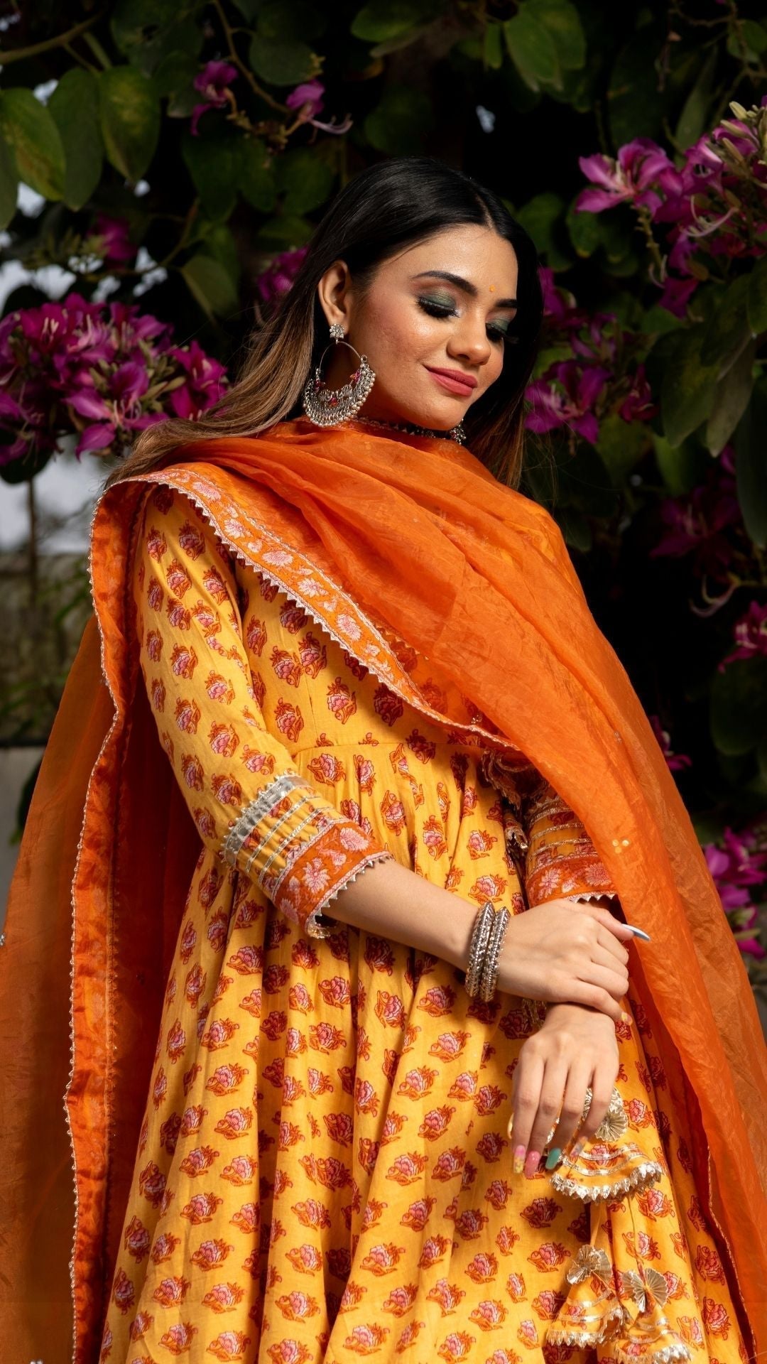 Pomcha Jaipur Mehar Light Brown Hand Block Anarkali Set 