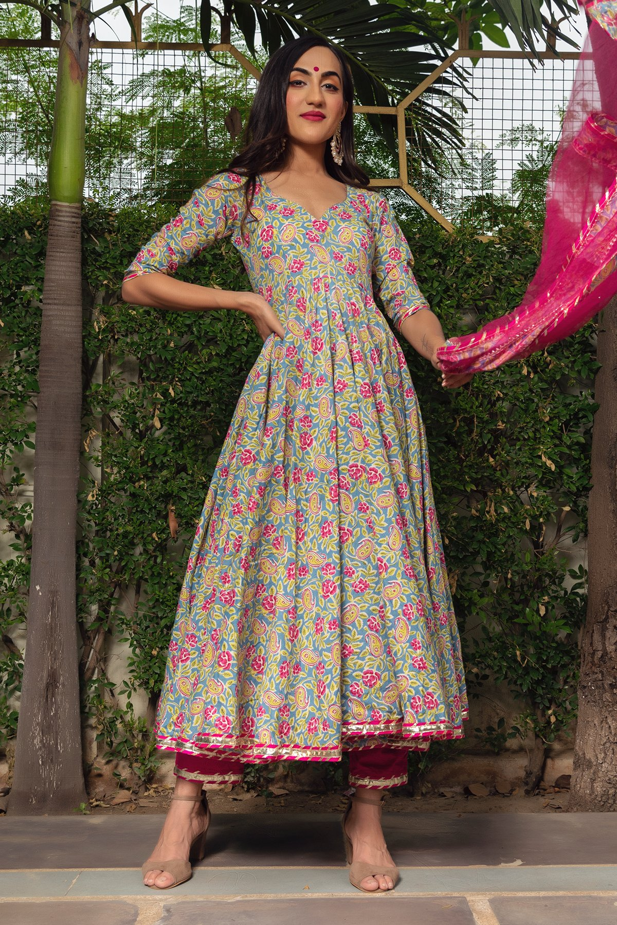 Pomcha Jaipur Jaipuri Hand Block Cotton Anarkali Set 