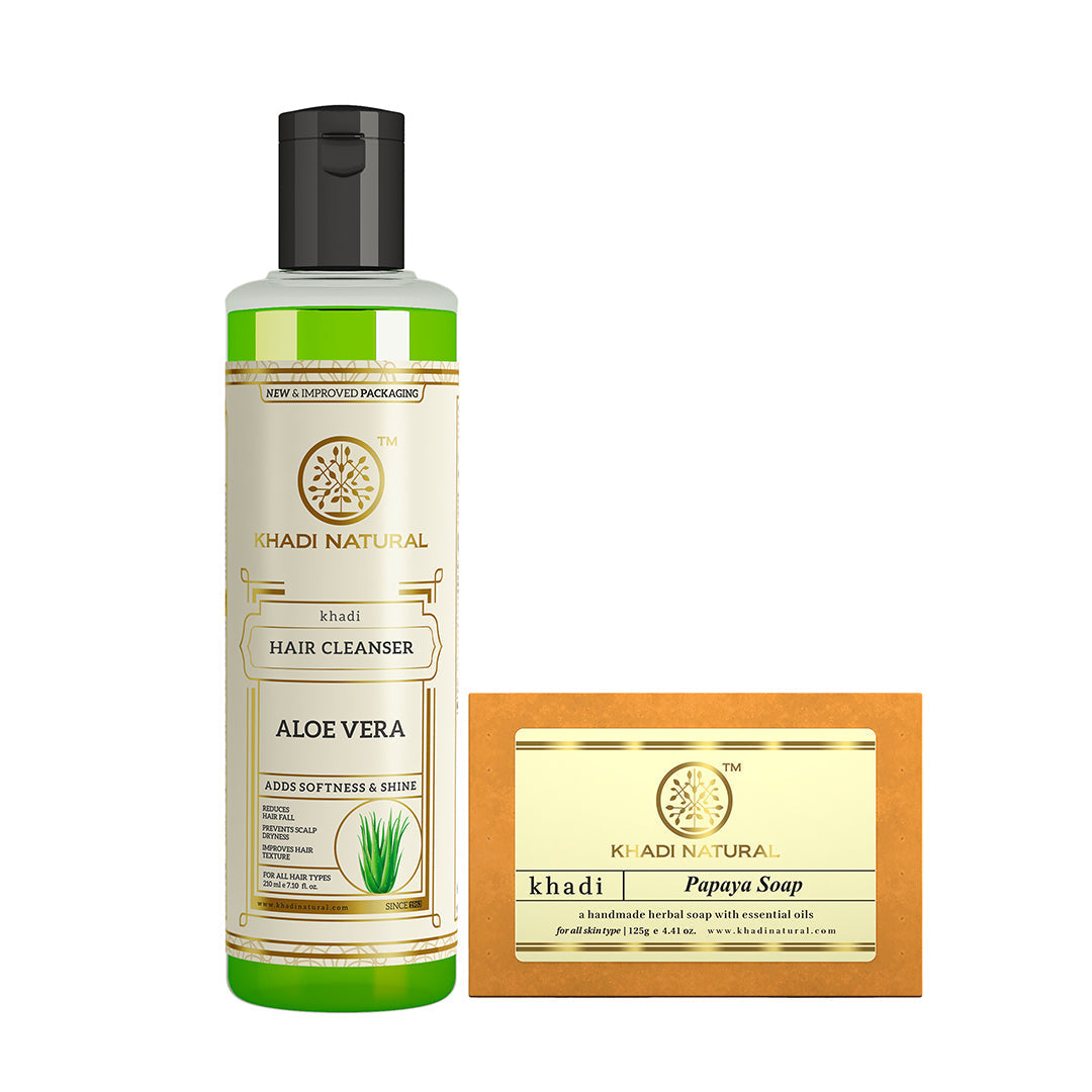 Khadi Herbal Aloe Vera Hair Cleanser with Papaya Soap Combo (Set of 2) 