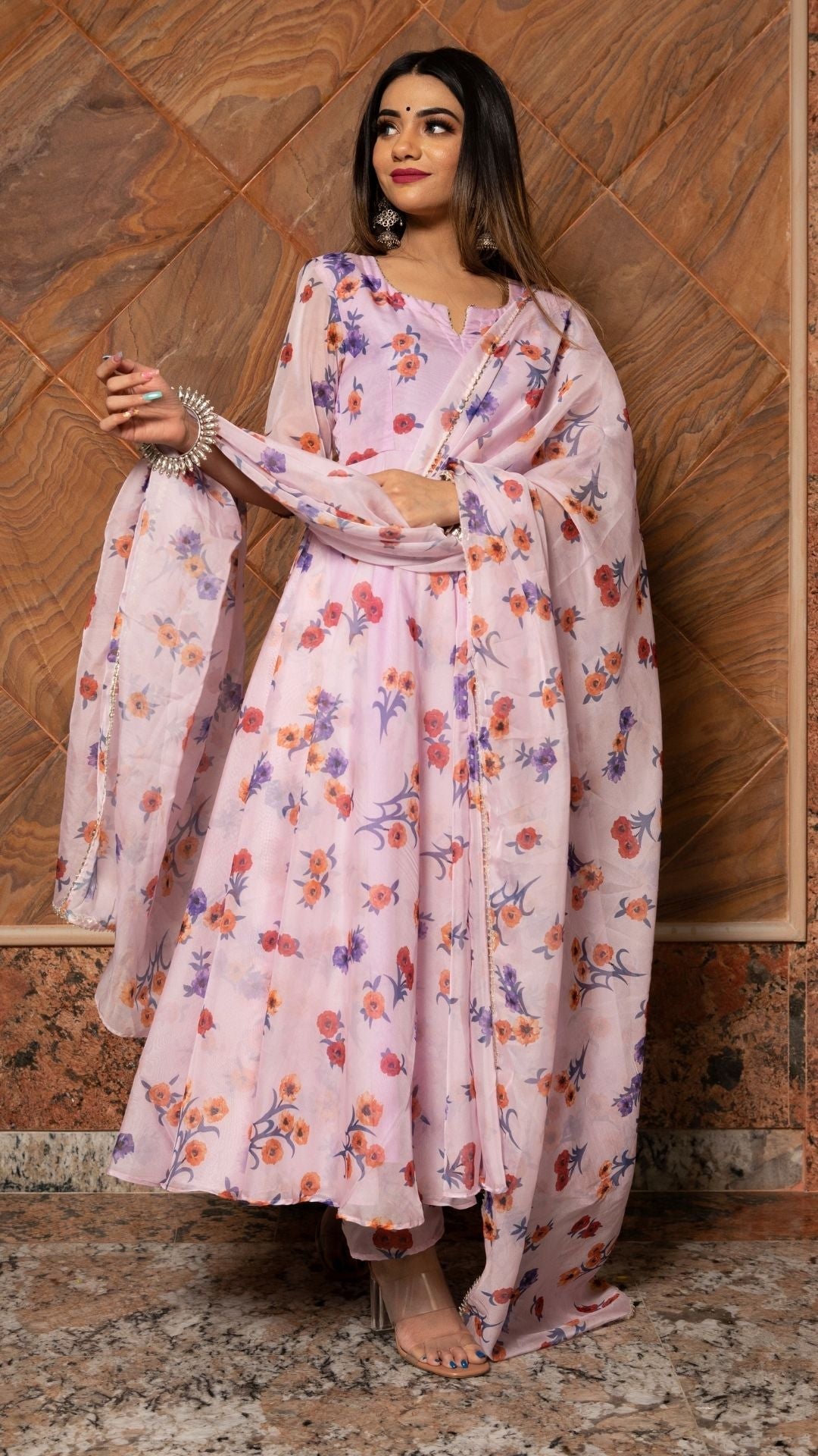 Pomcha Jaipur Lavender Gangaur Printed Organza Anarkali 