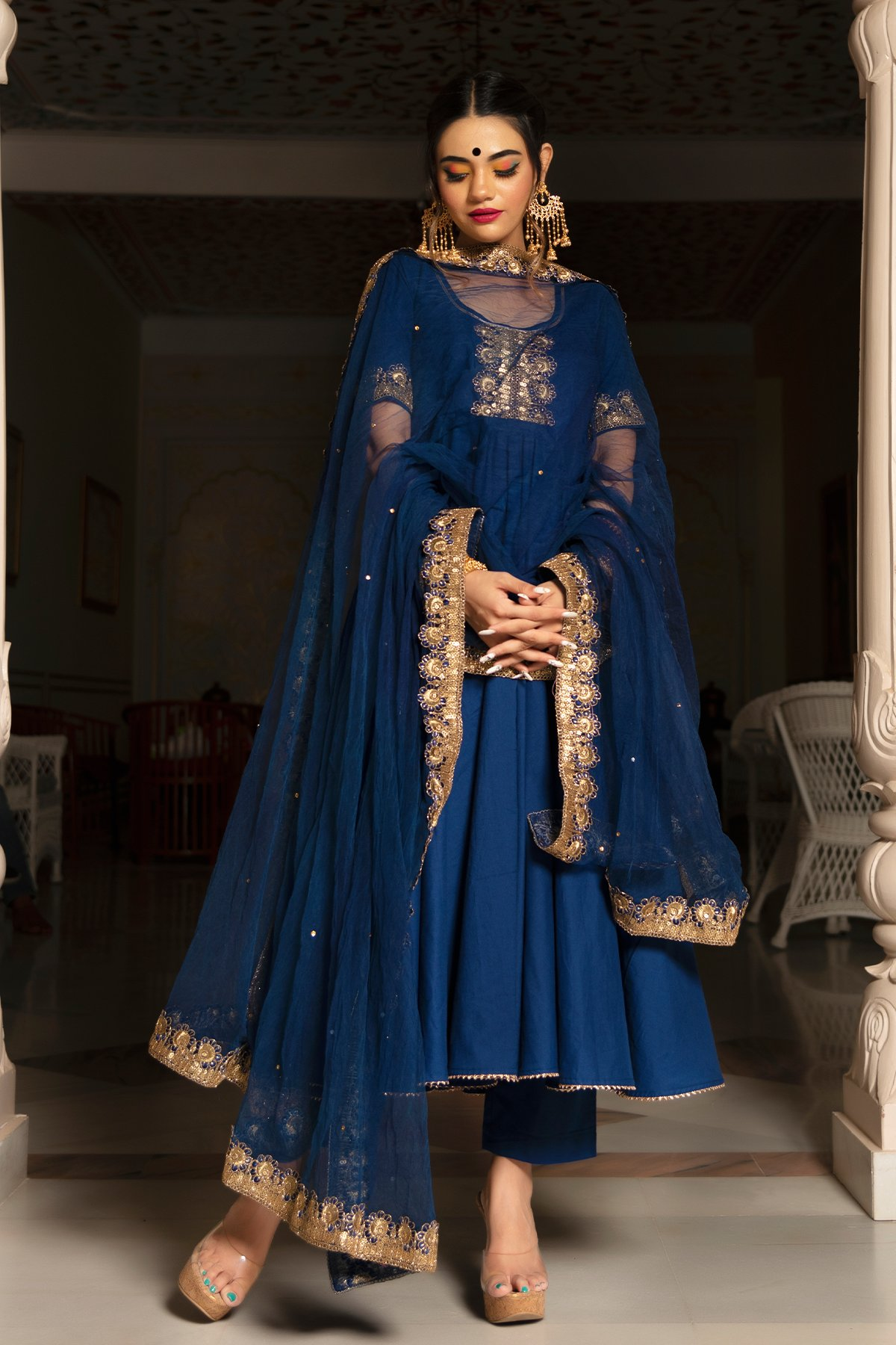 Pomcha Jaipur Minakari Blue Anarkali Set 