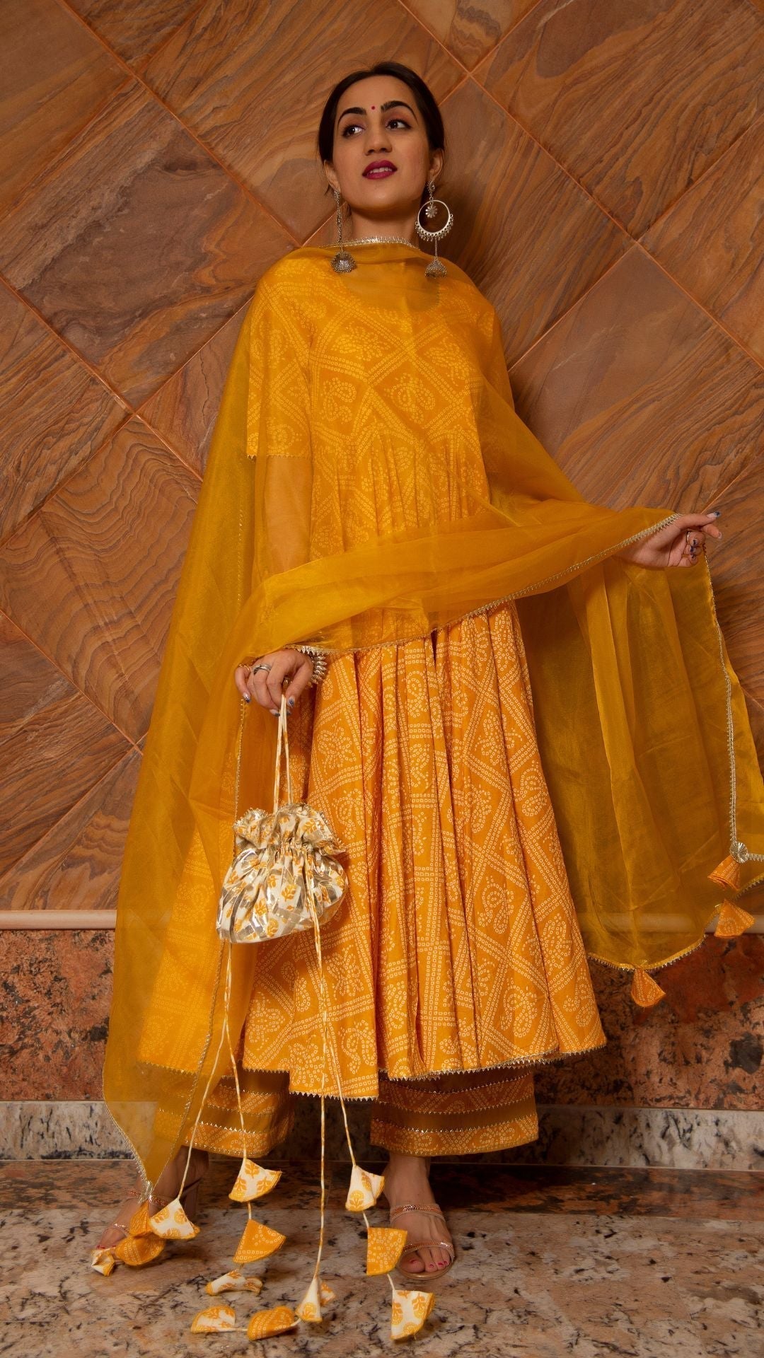 Pomcha Jaipur Bandhej Yellow Cotton Anarkali Set 