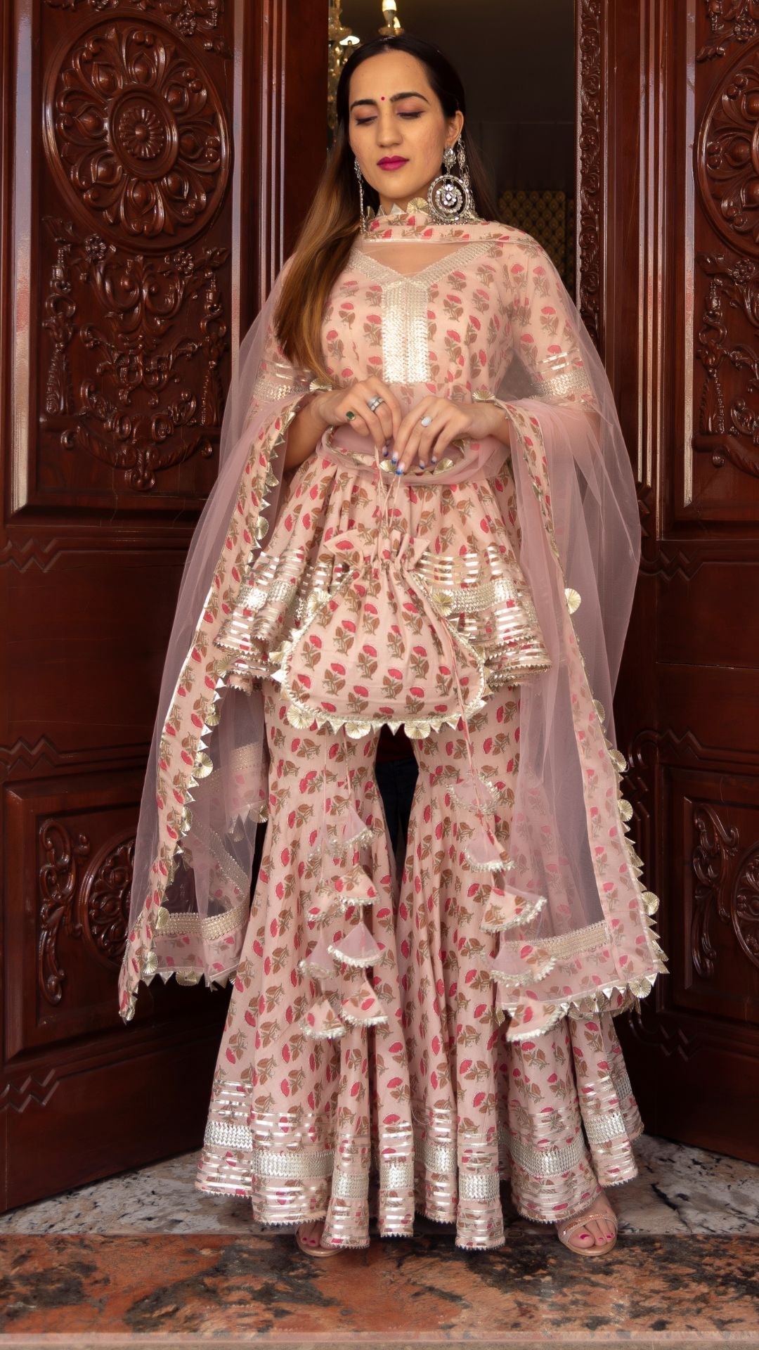 Pomcha Jaipur Peach Hand Block Cotton Sharara Set 