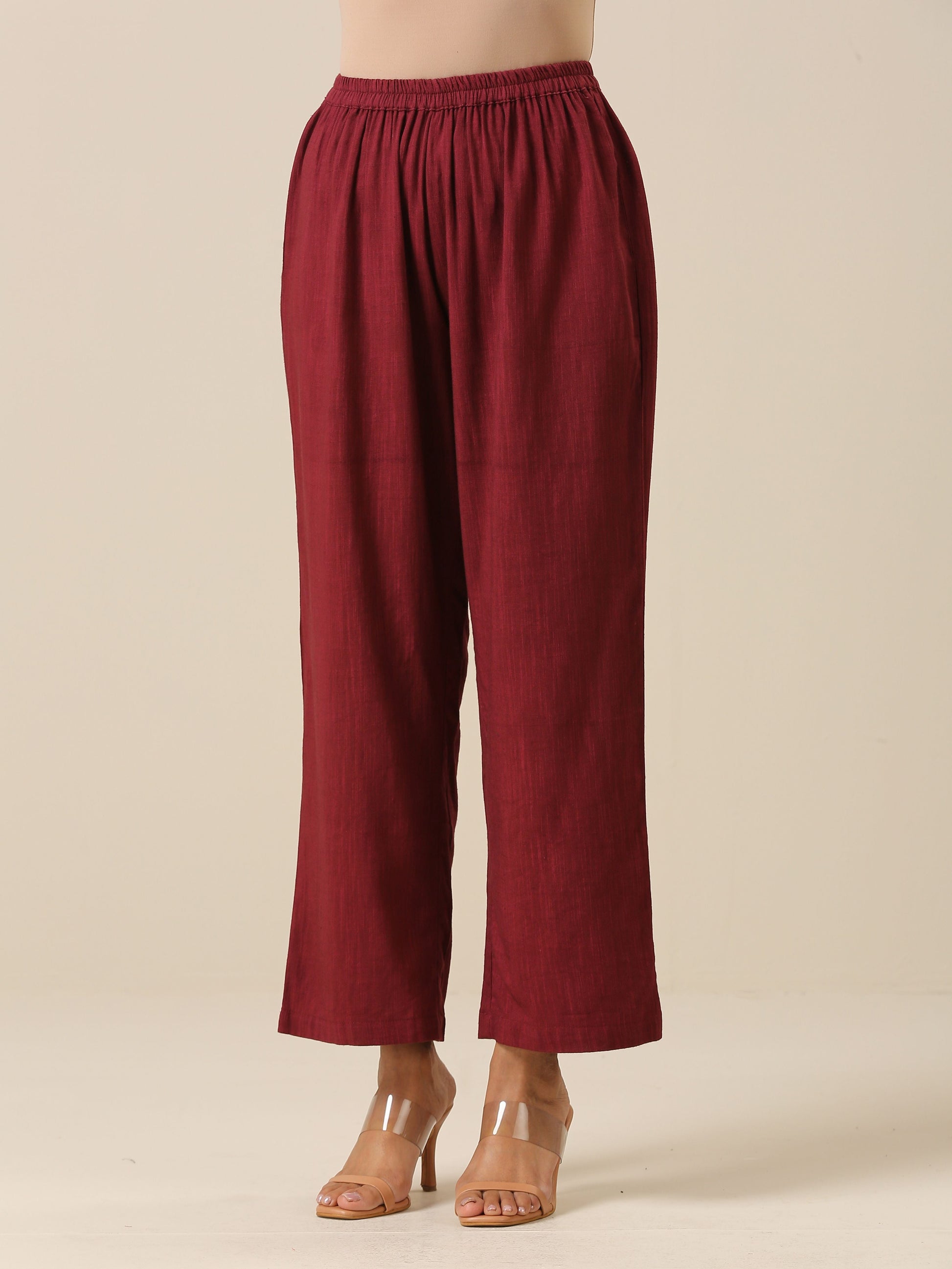 trueBrowns Ruby Wine Slub Texture Back Pleat Kurta Pant Set 