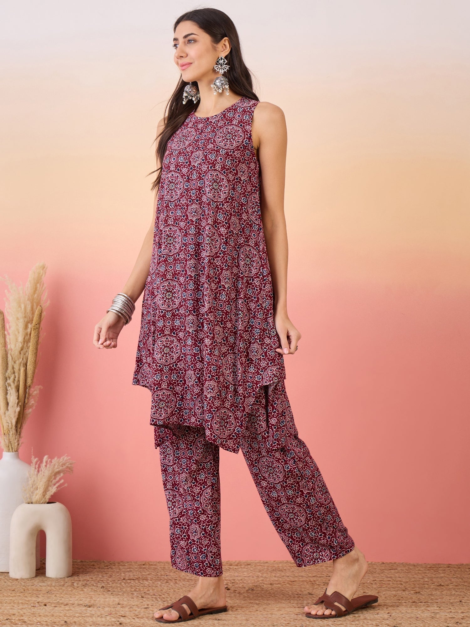 InWeave Maroon Navy Ajrakh Foil Round Neck Kurta Pant Set 