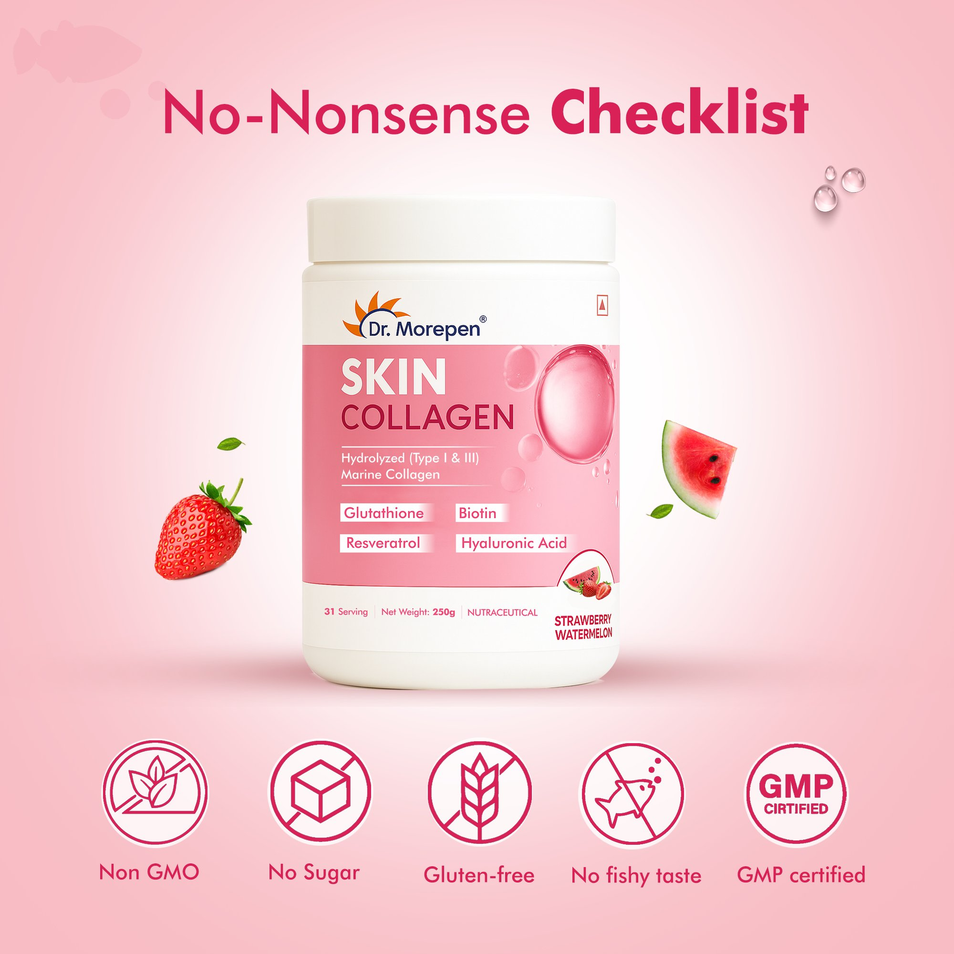 Dr. Morepen Skin Collagen Protein Powder With Hyaluronic Acid, Vitamin C, Sesbania & Biotin - Pineapple Flavour 