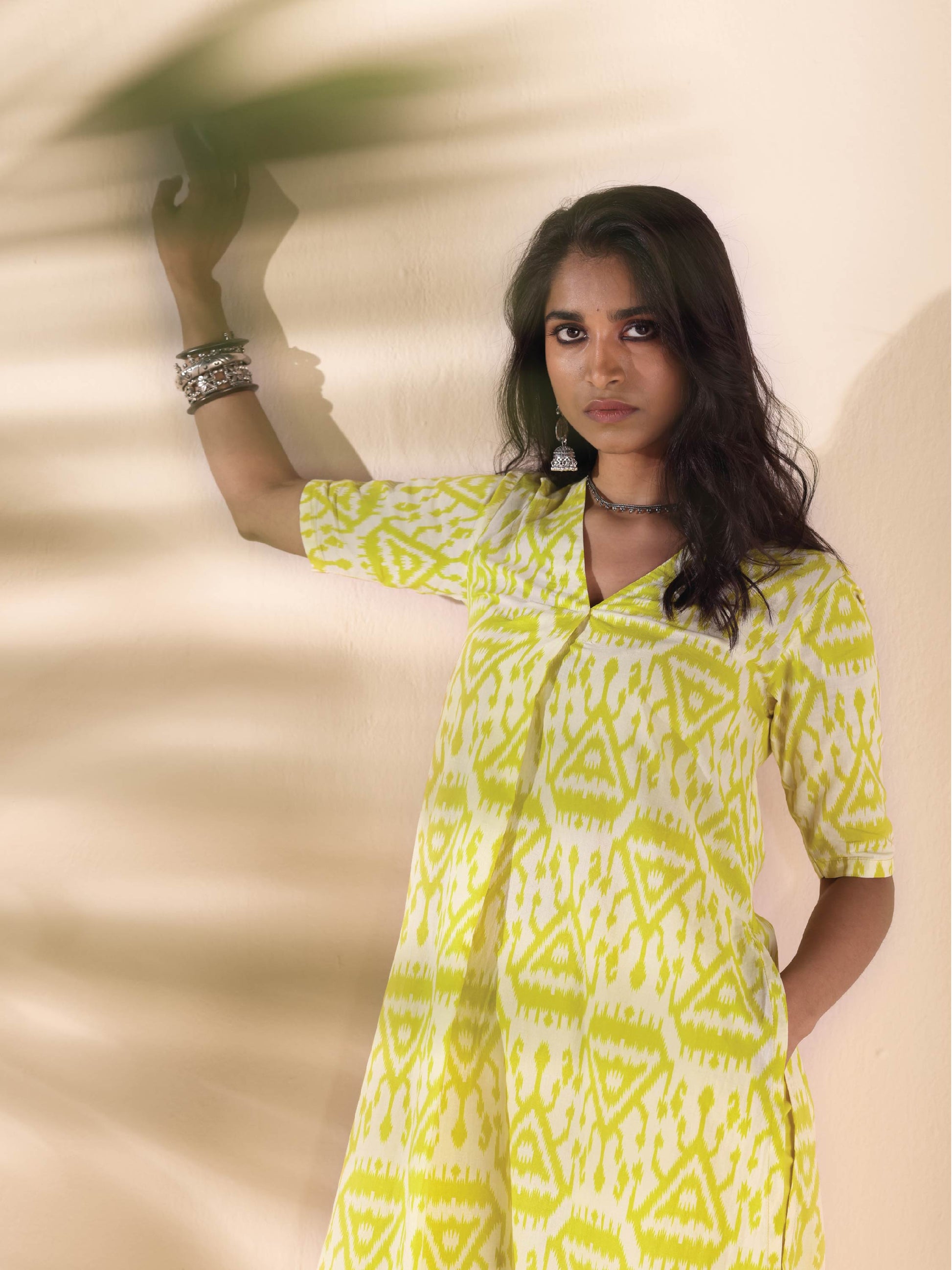 trueBrowns Lime Cotton Ikat Kurta Pant Set 