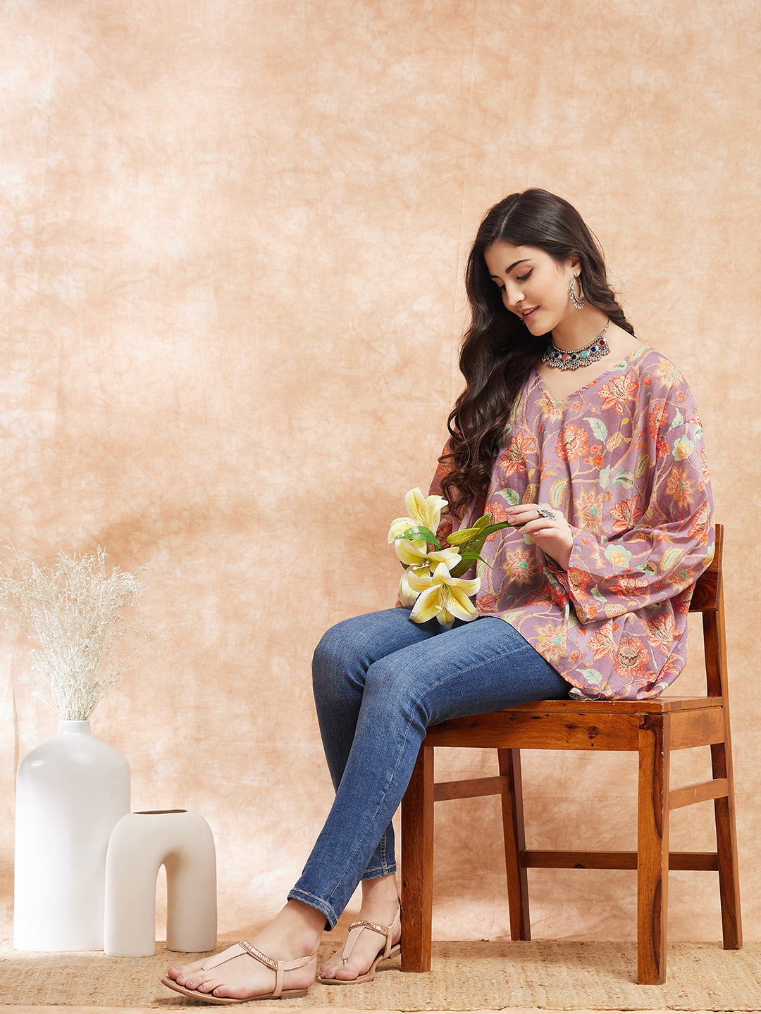 InWeave Women's Dove Grey Floral Digital Print Kaftan Boho Top 