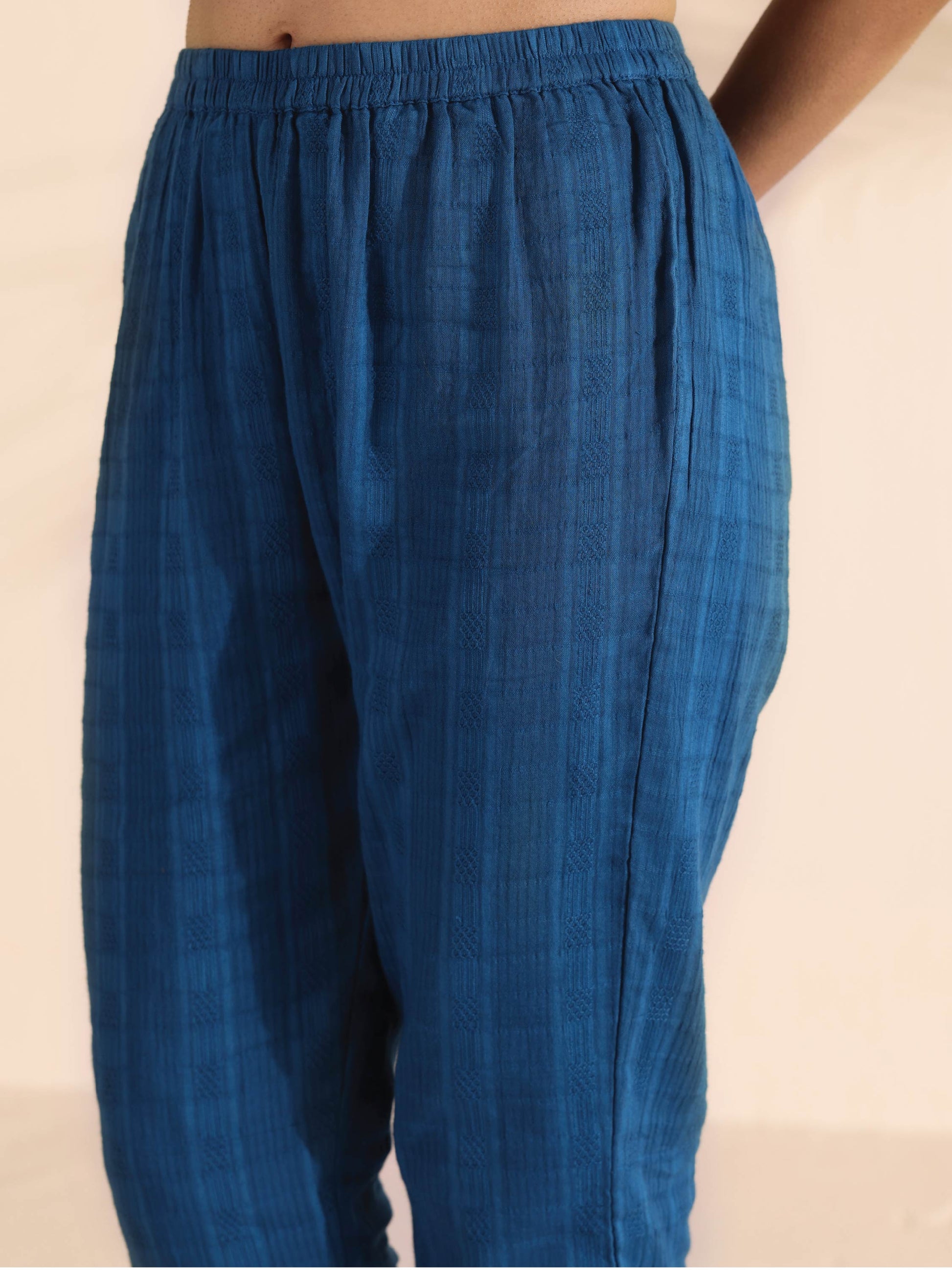 trueBrowns Blue Cotton Dobby Flared Kurta Pant Set 