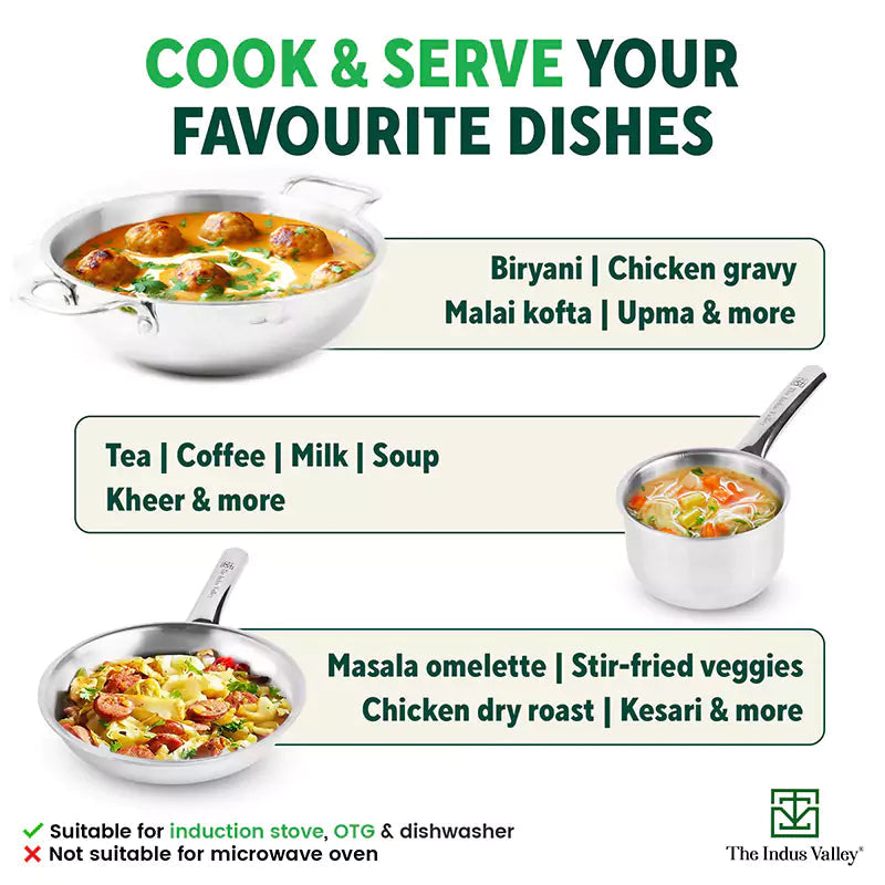 The Indus Valley TurboCuk Tri-ply Stainless Steel Cookware Set: 2.2L Kadai+ 1.4L Frypan+ 1.2L Tea/Milk pan, Premium Quality, 3 Layer Thick Body, 100% Toxin-free, Non-stick, Induction & Gas  Grab2Buy The Indus Valley Grab2Buy