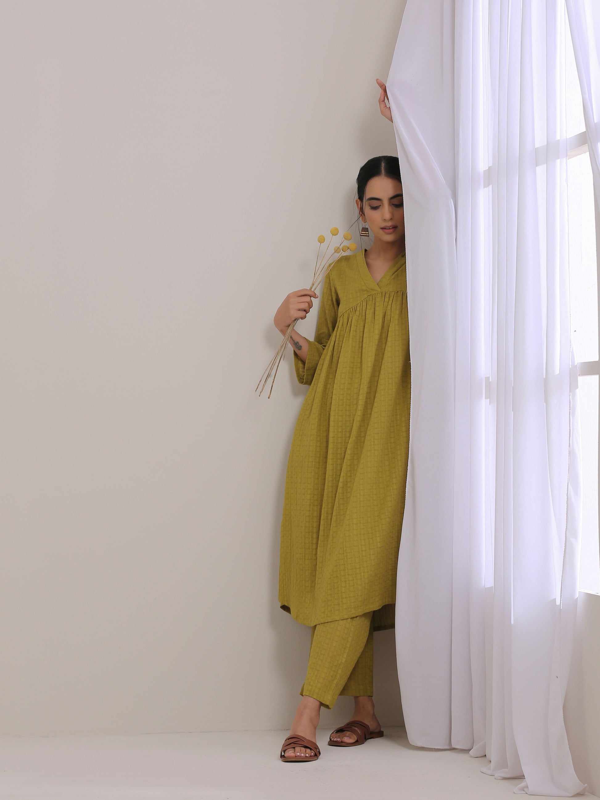 trueBrowns Avacado Green Dobby Flared Slit Kurta Pant Set 