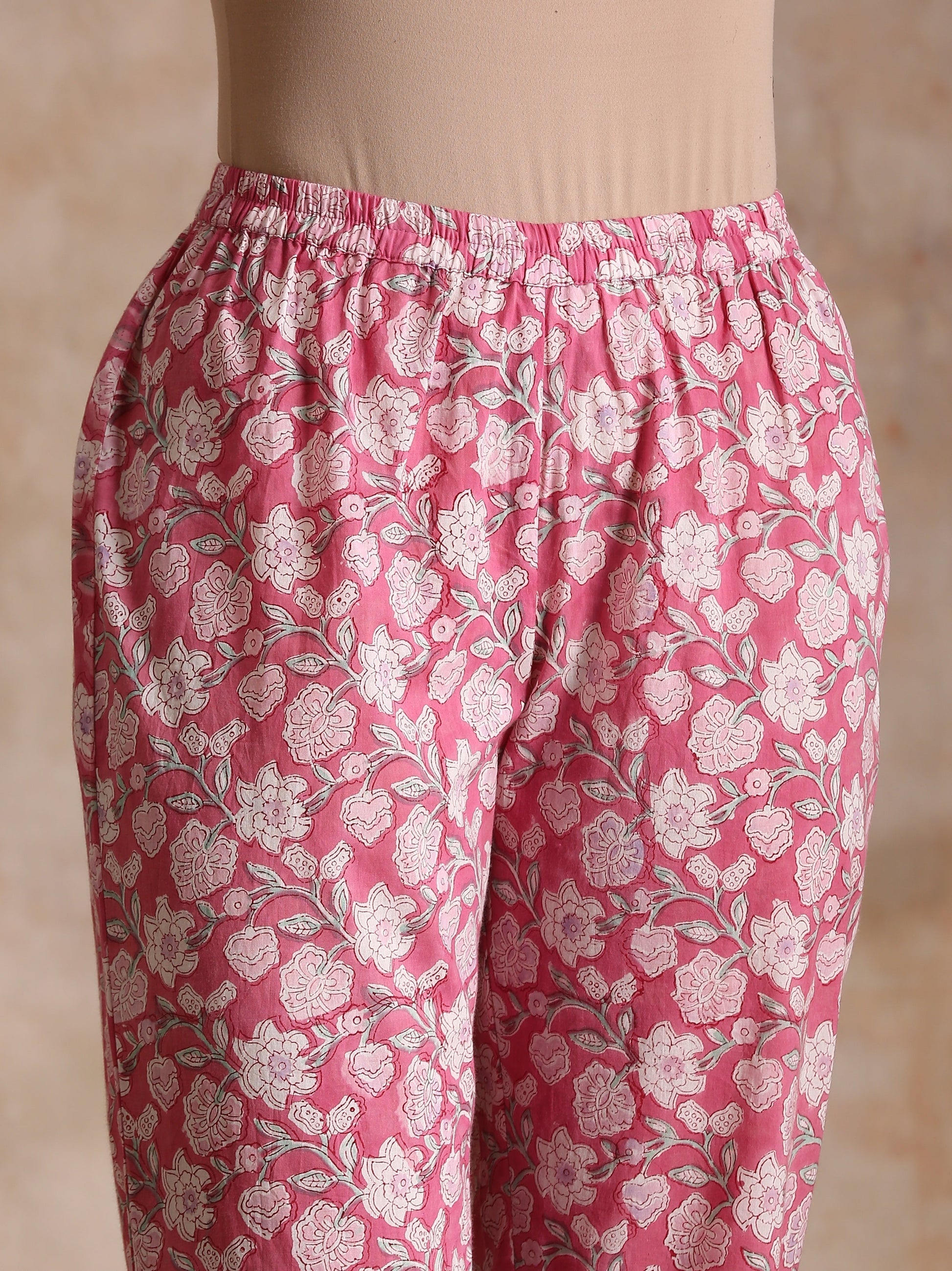 trueBrowns Pink Overall Floral Block Print Cotton Flared Kurta Pant Set 
