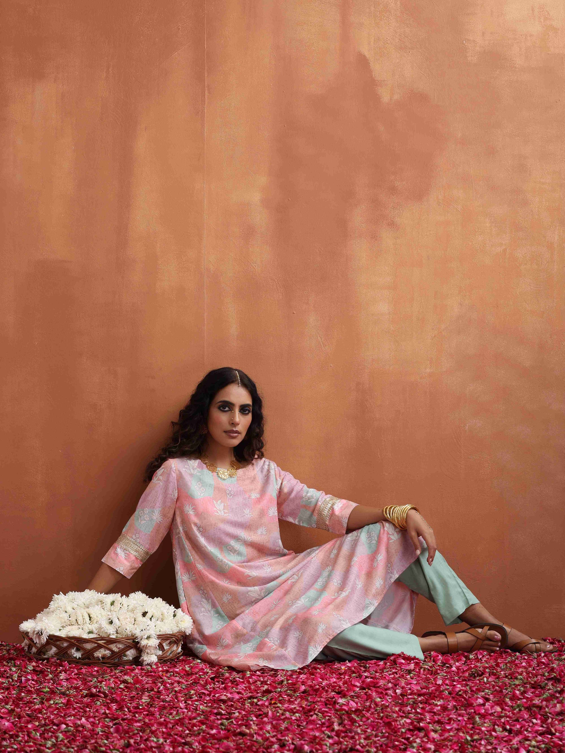 trueBrowns Beige Palm Print A-line Kurta Set 