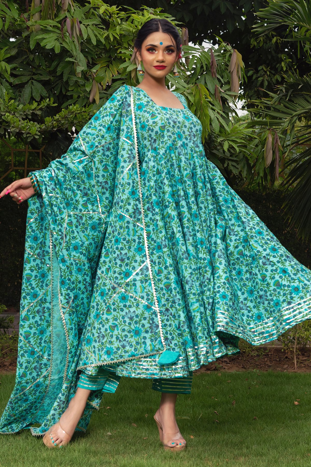 Pomcha Jaipur Morni Hand Block Cotton Anarkali Set 
