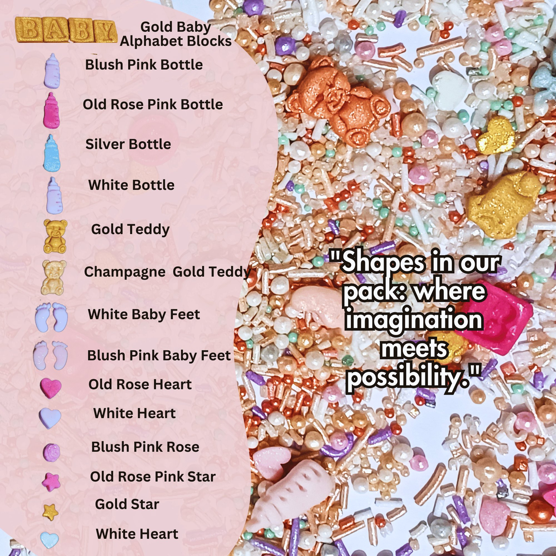 Confect Girls Baby Shower Sprinkles | Edible Sprinkles | Mix Silver, Gold & Blush pink Sprinkles