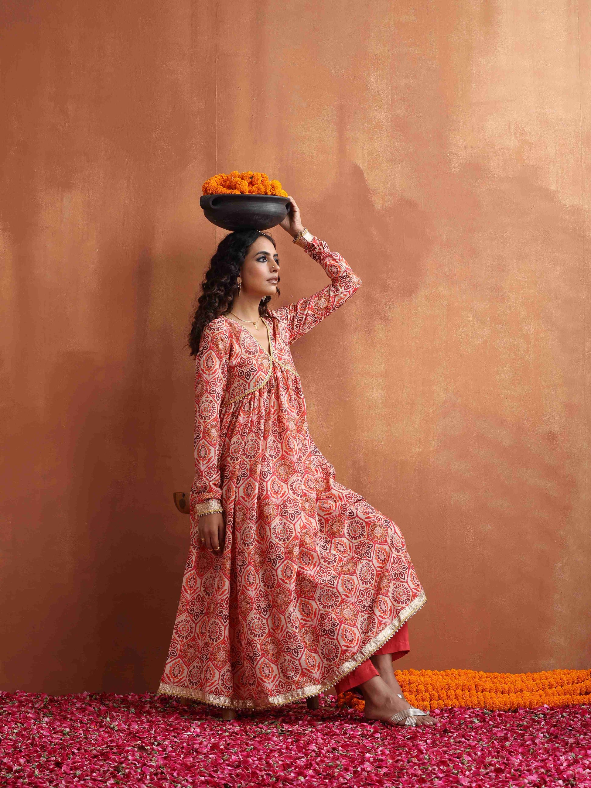 trueBrowns Beige Print Flared Anarkali Kurta Set 