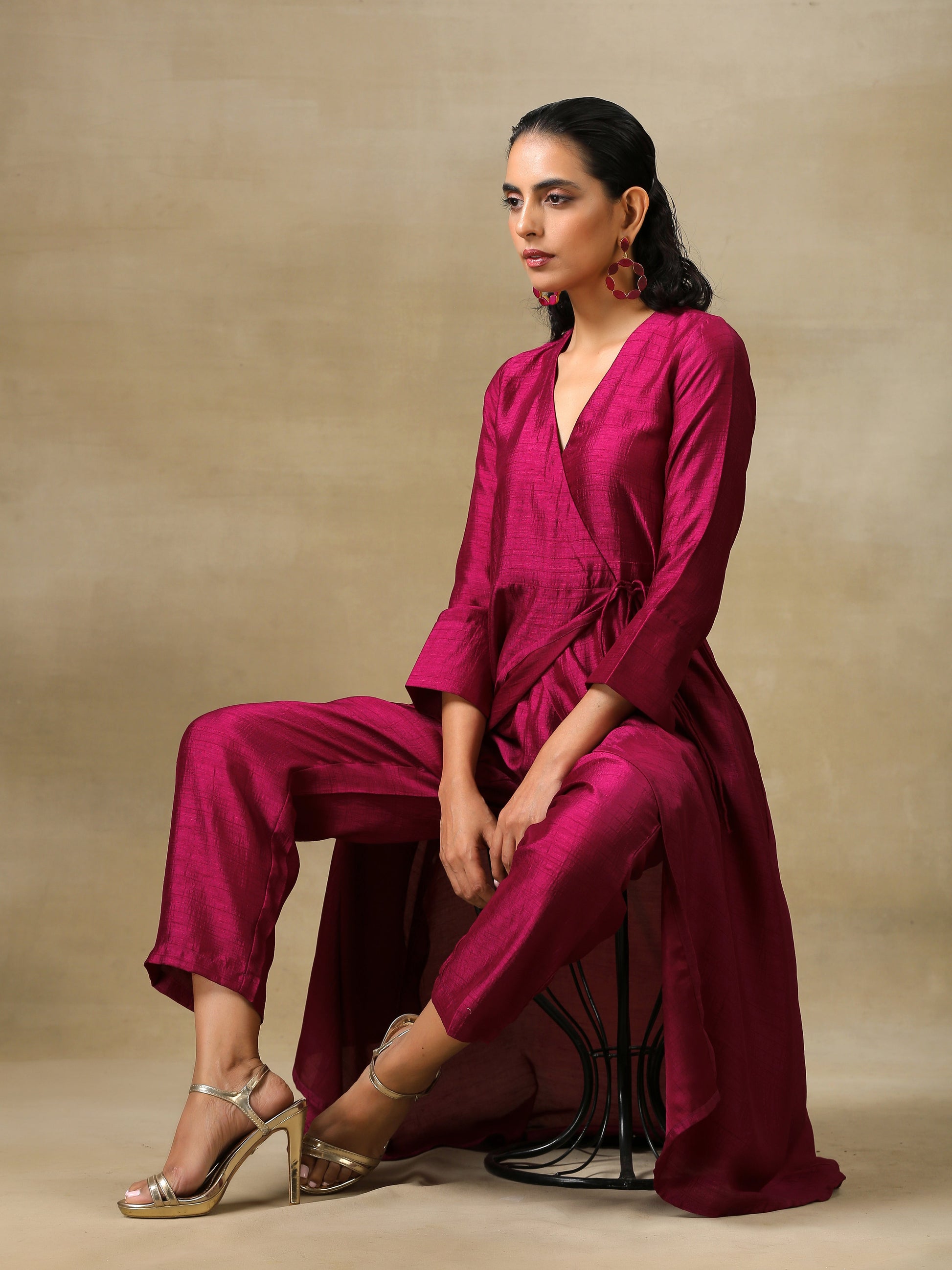 trueBrowns Purple Textured Silk Angrakha Kurta Pant Set 