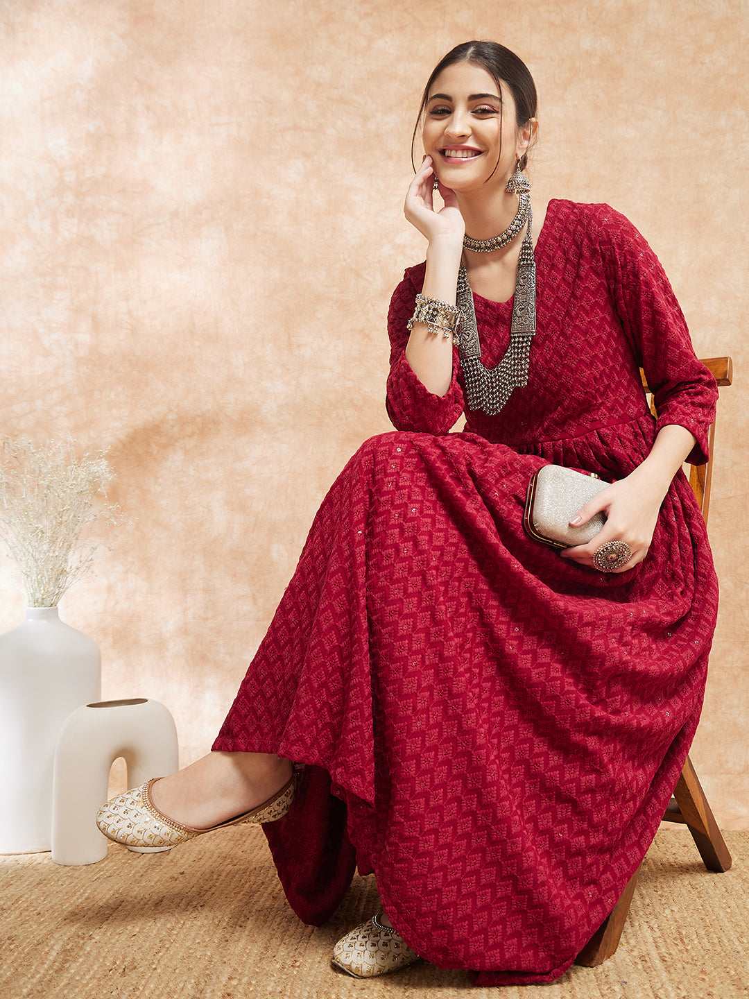 InWeave Women's Maroon Chikankari Long Anarkali Kurta Sharara Set 