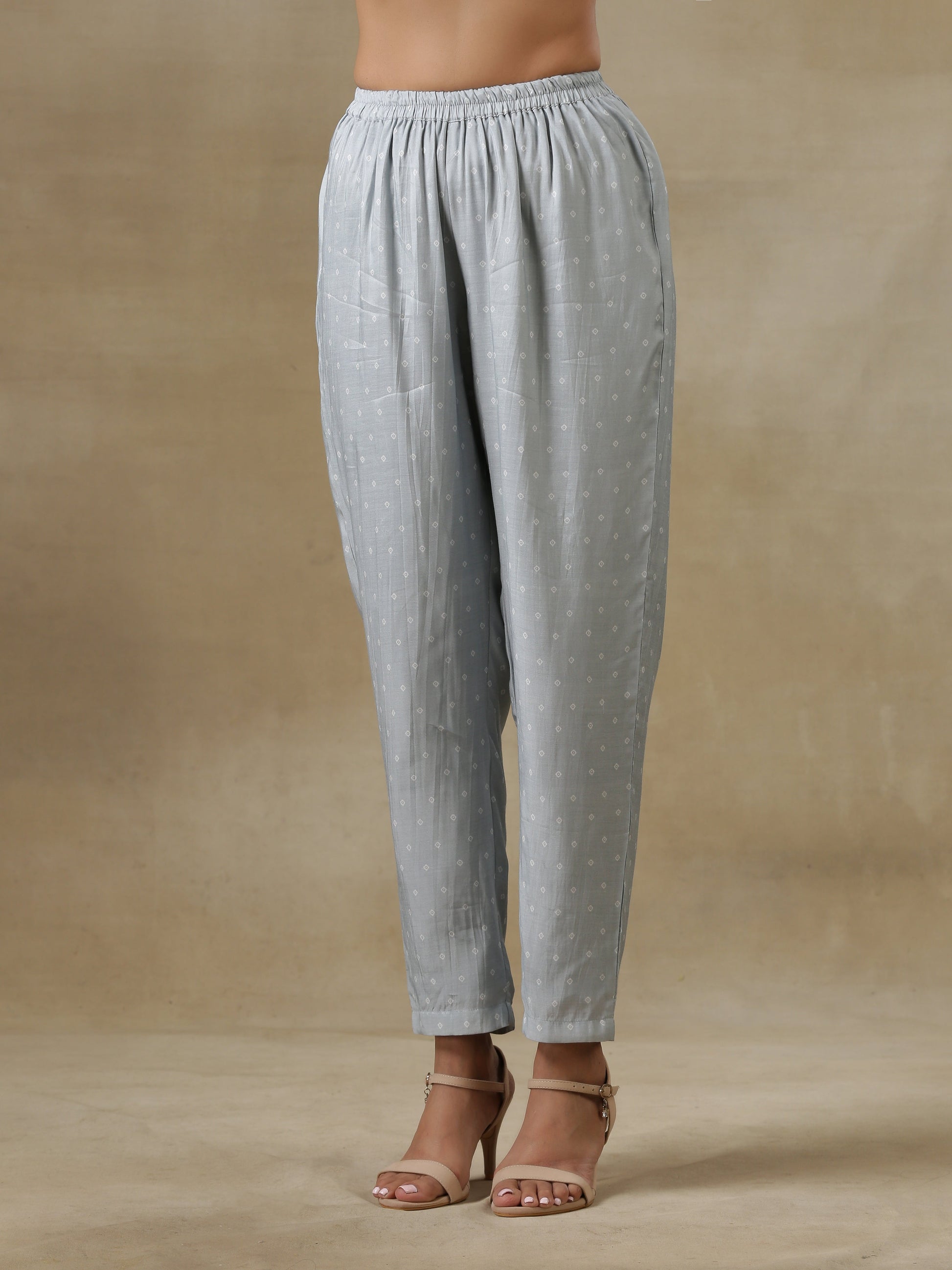 trueBrowns Grey Bandhani Printed Silk One-Shoulder Kurta Pant Set | Swadesiicart