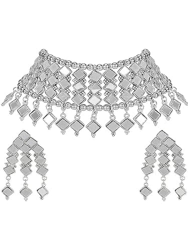 Tehzeeb Creations Women's Silver Colour Oxidised Necklace And Earring With Mirror Work Tehzeeb Creations