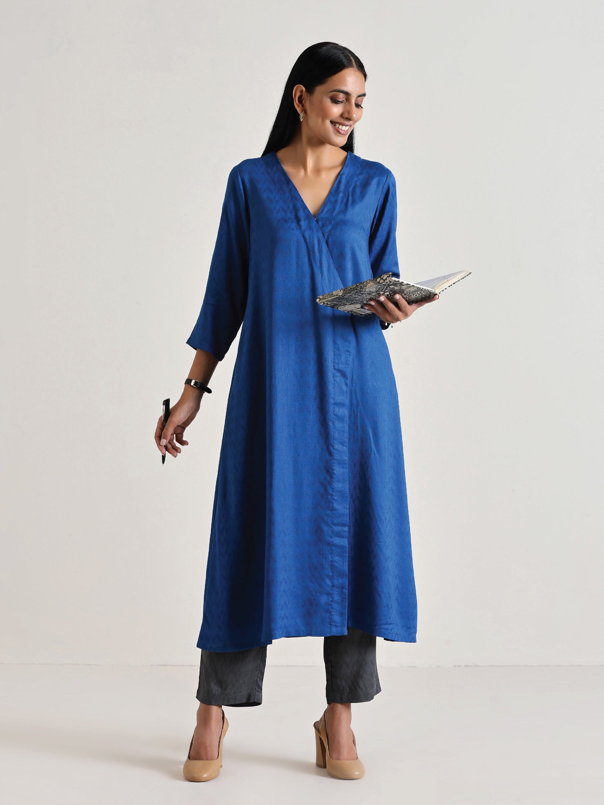 trueBrowns Ink Blue Angrakha Kurta Set 