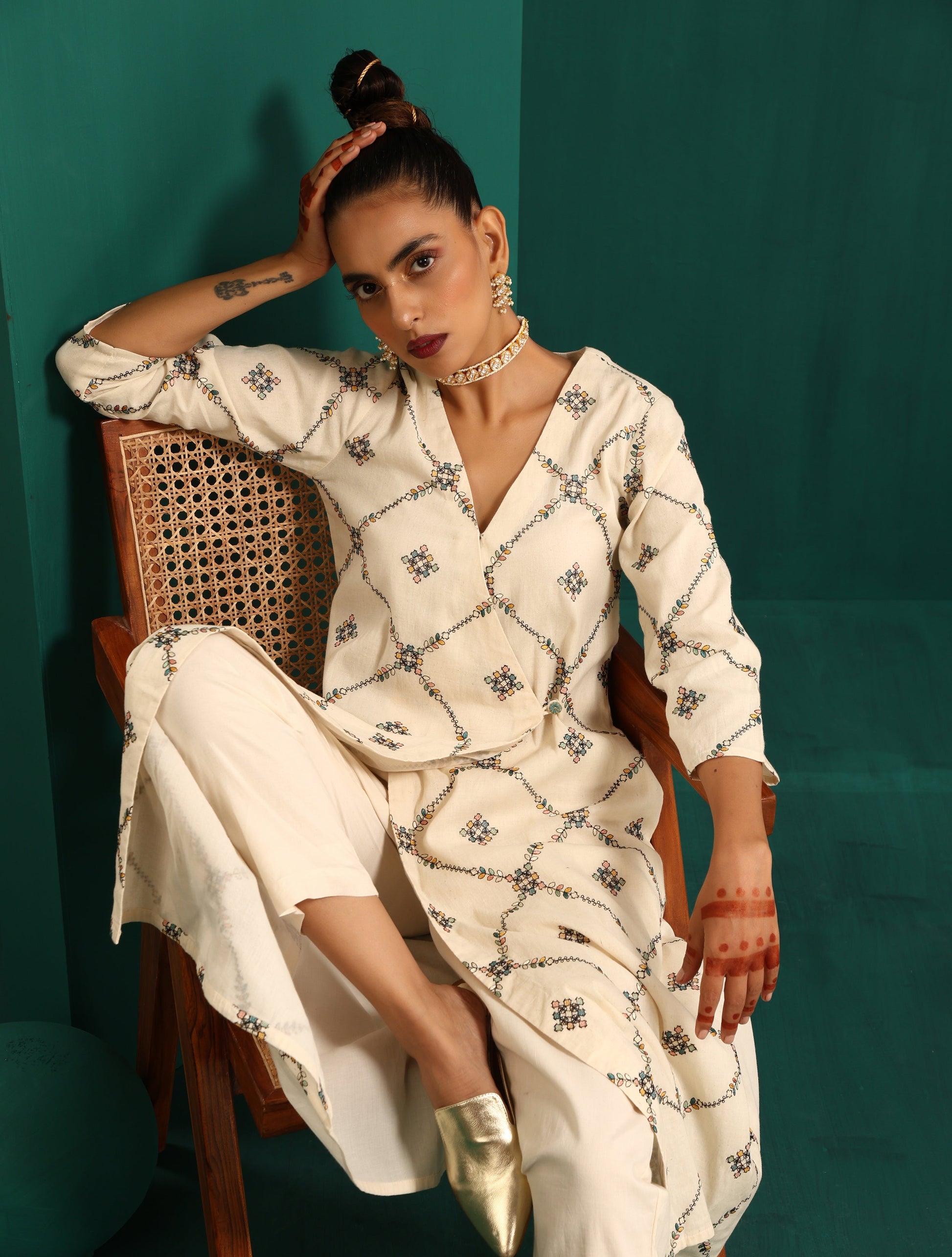 trueBrowns Ivory Rhombus Cotton Angrakha Kurta Pant Set 