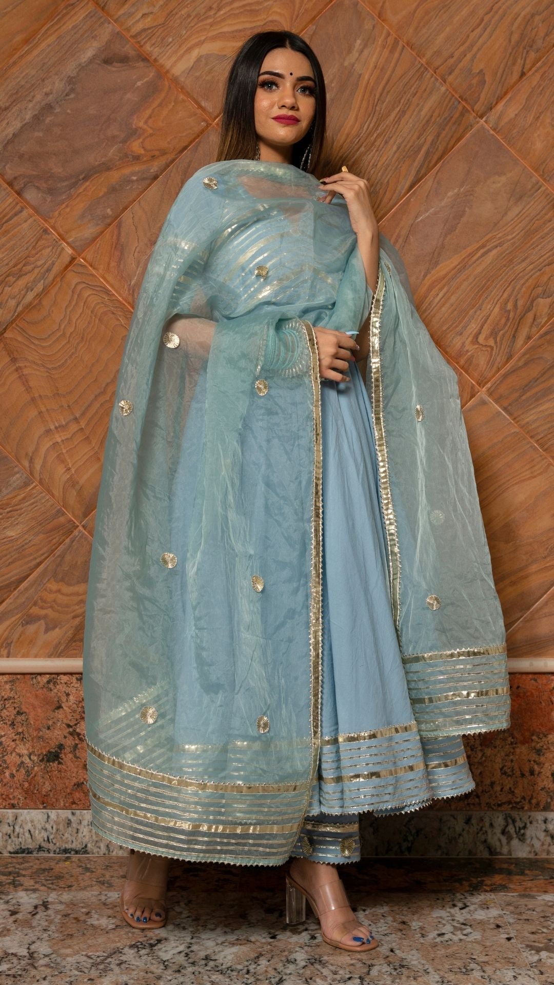 Pomcha Jaipur Powder Blue Pure Cotton Anarkali Set 
