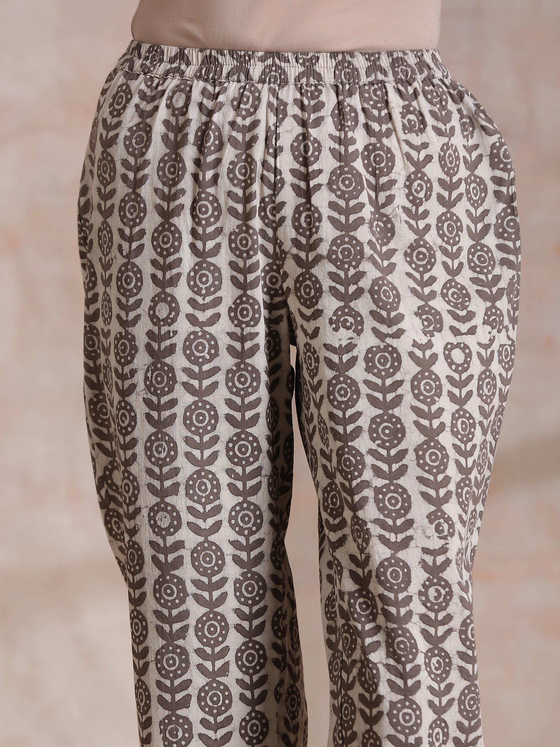 trueBrowns Clay Dabu Overall Print Cotton Panel Kaftan Kurta Pant Set 