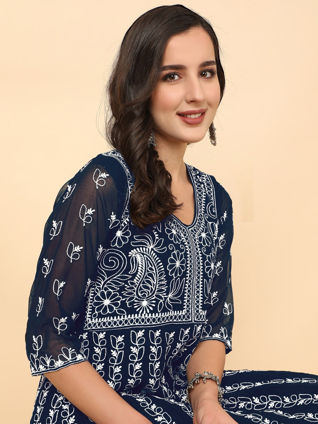 HERE&NOW Women Chikankari Embroidered Thread Work Georgette Anarkali Kurta