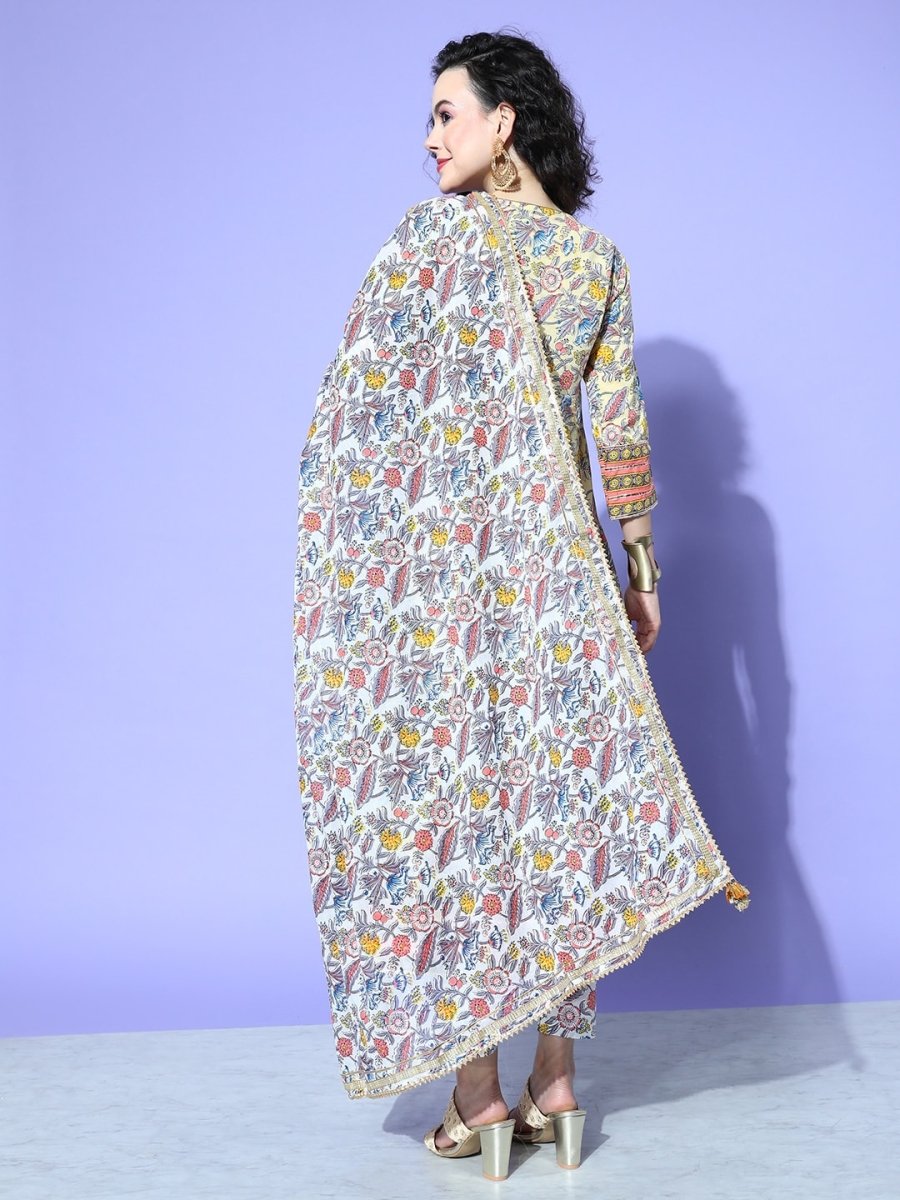 All About You Women Cream-Coloured Floral Printed Regular Gotta Patti Pure Cotton Kurta with Trousers & With
