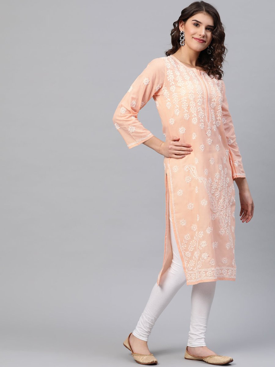 ADA Women Peach-Coloured & White Chikankari Embroidered Cotton Straight Sustainable Kurta 