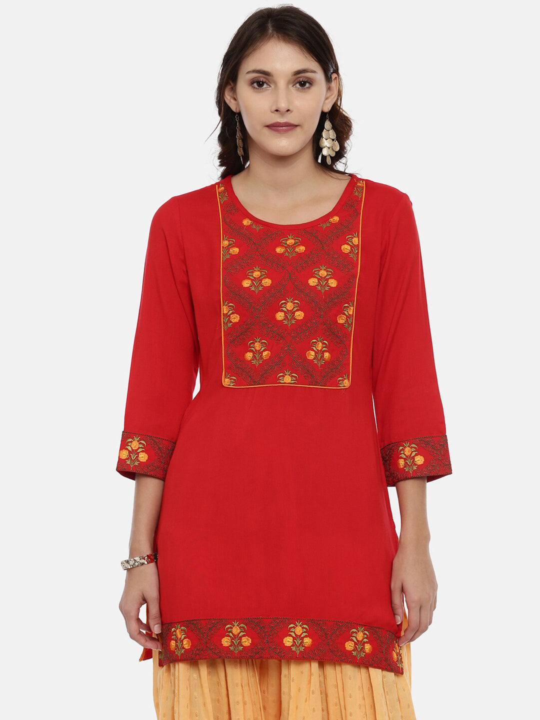 Souchii Women Red & Yellow Floral Yoke Design Kurta 