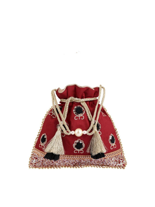 Masq Red & Black Embellished Embroidered Potli Clutch - Grab2buy