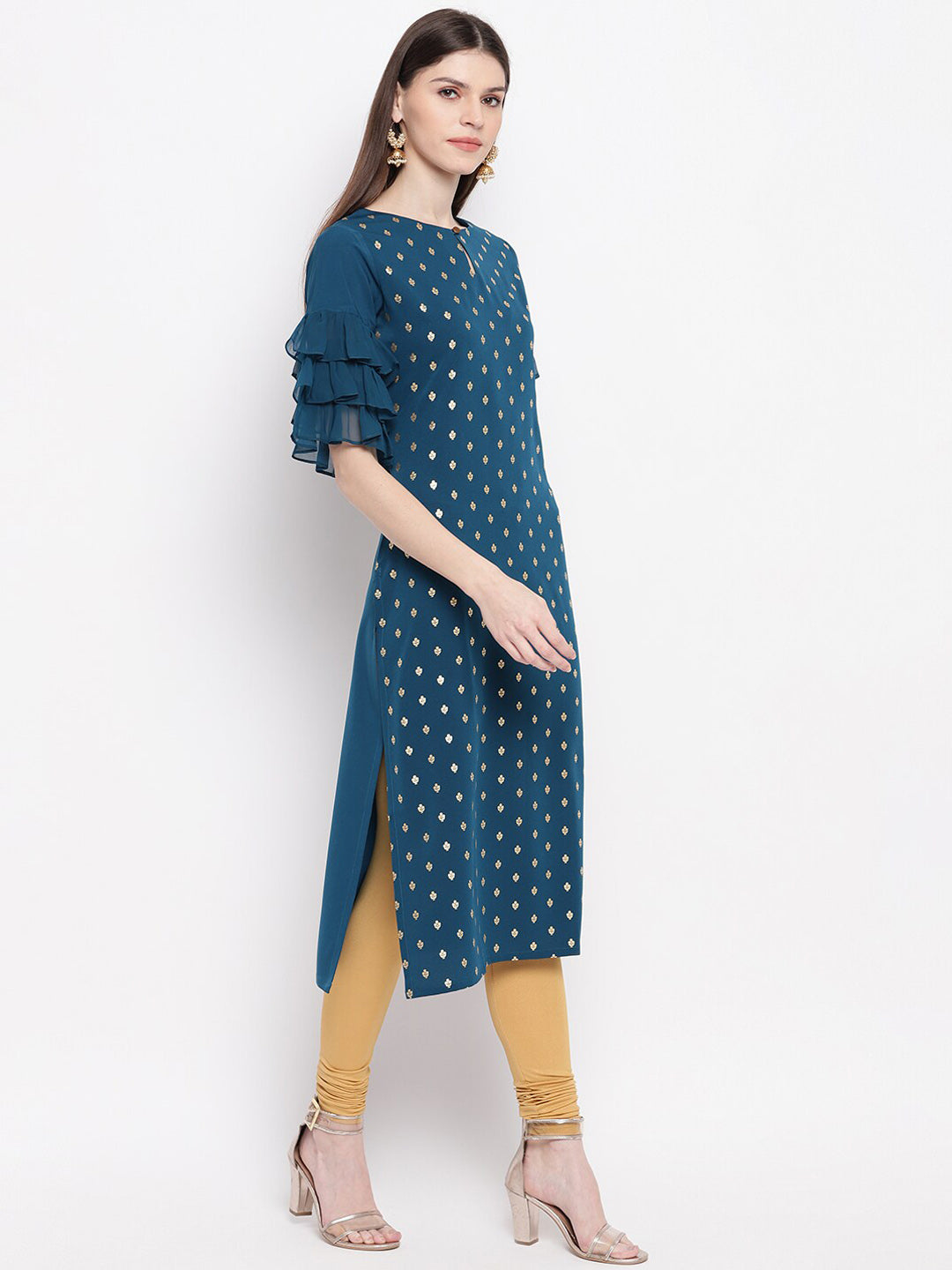 Janasya Women Teal Blue Geometric Printed Keyhole Neck Flared Sleeves Crepe Kurta