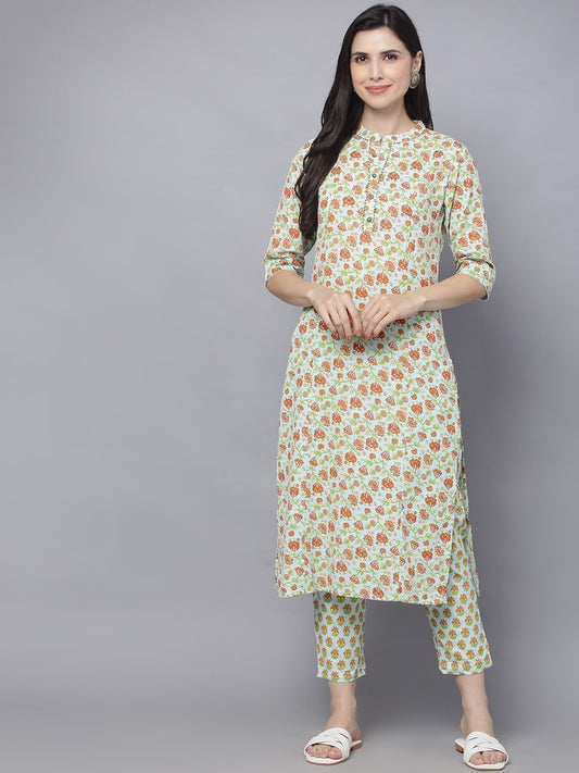 HERE&NOW Women Green Floral Printed Kurta with Trousers