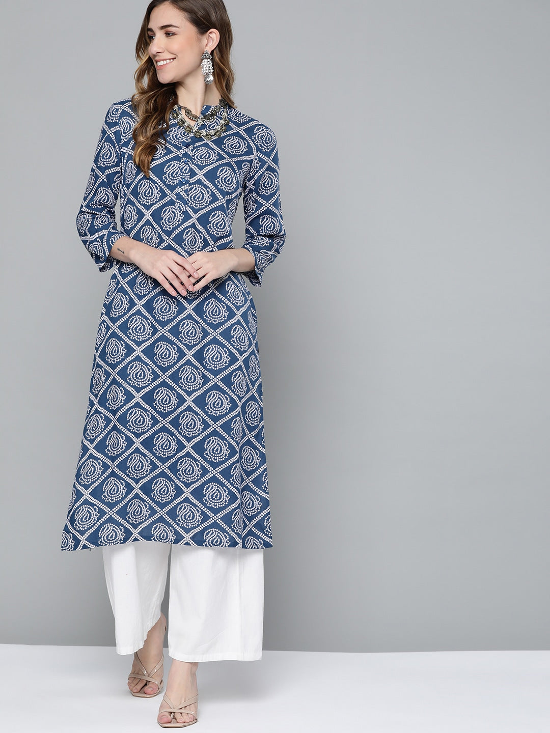 HERE&NOW Women Blue & White Geometric Printed Kurta