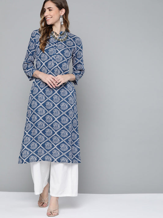 HERE&NOW Women Blue & White Geometric Printed Kurta